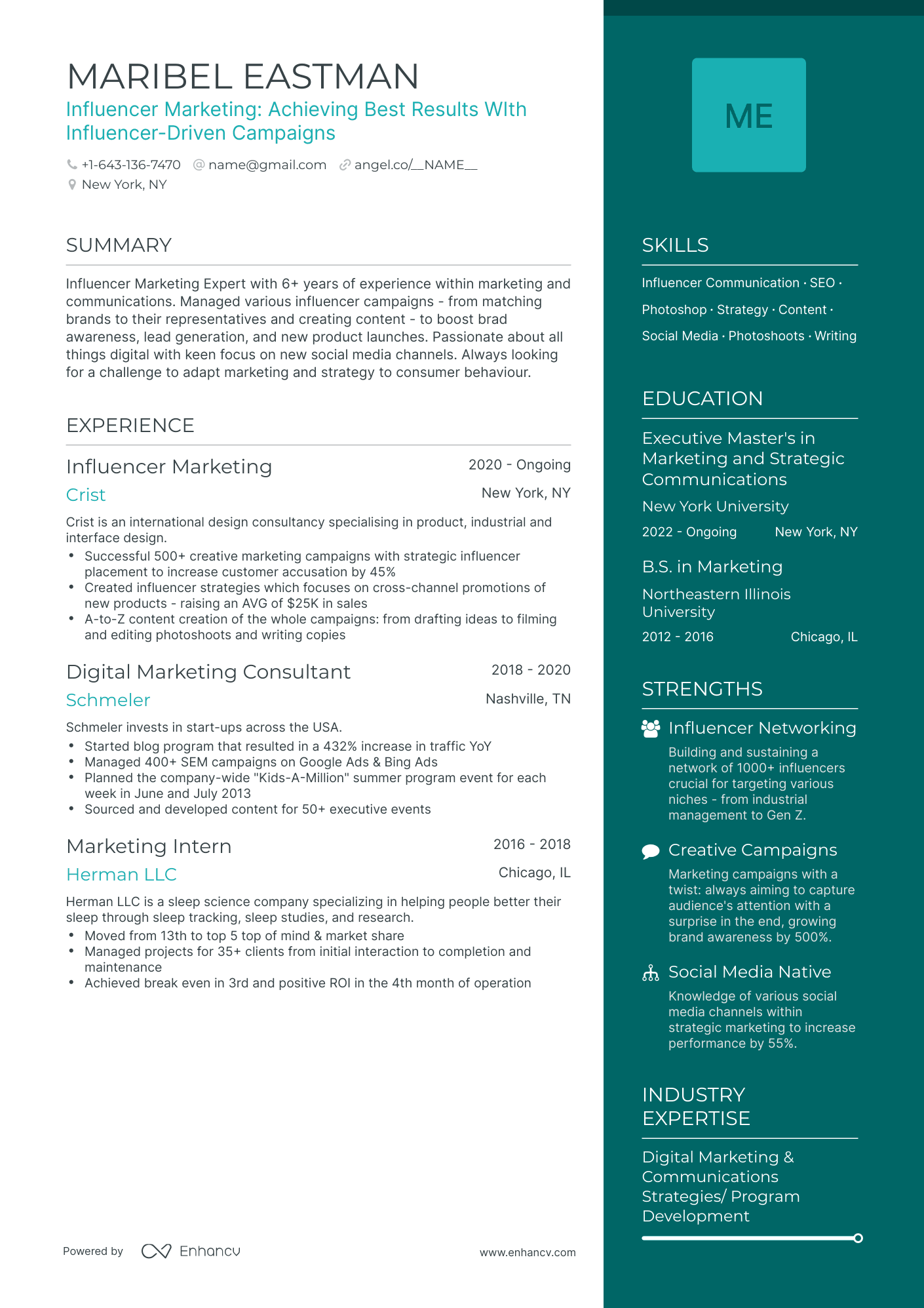 One Page Influencer Marketing Resume Template
