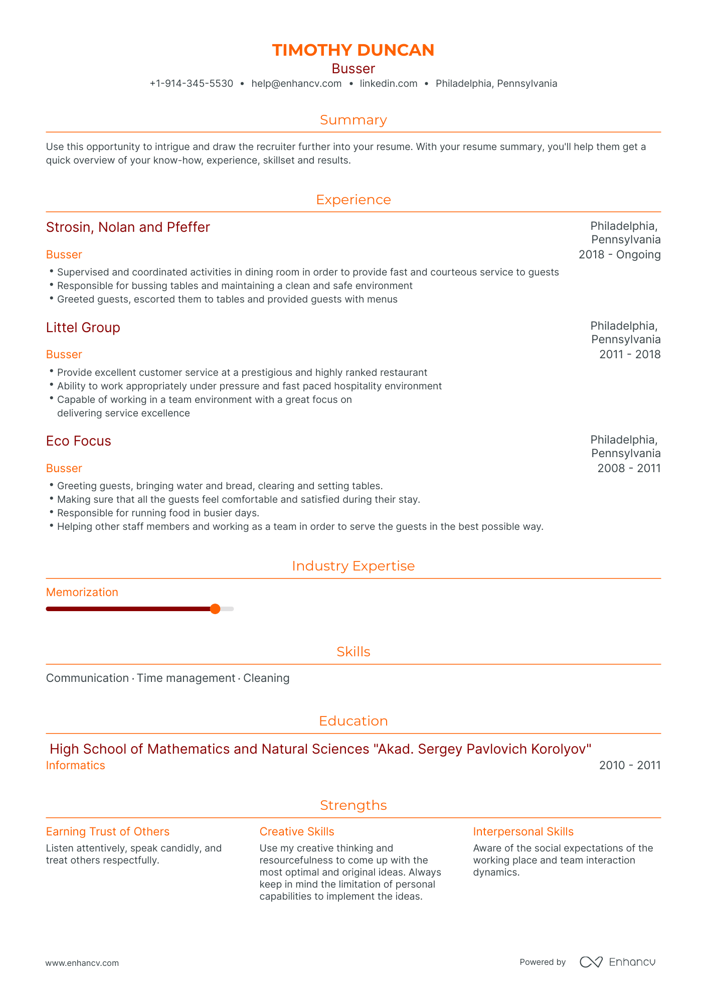 TOP Busser Resume Examples & Samples for 2023 | Enhancv.com (Layout ...