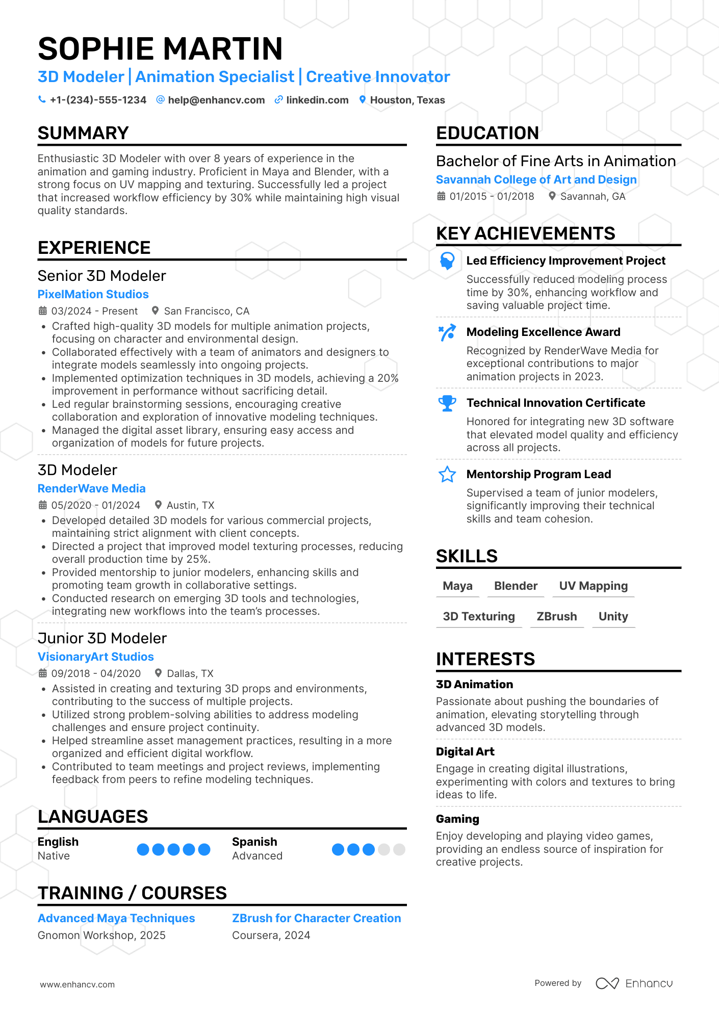 A resume example of a 3D Modeler