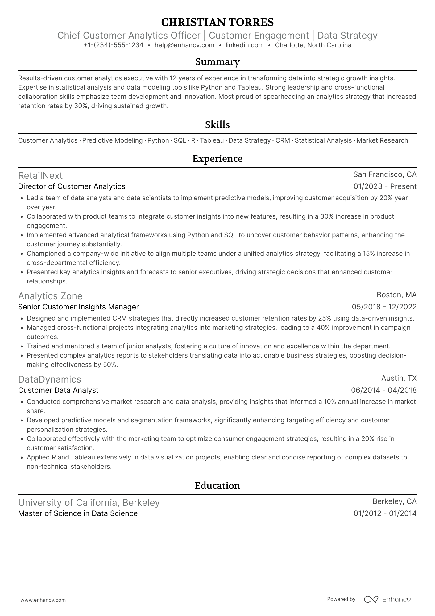 A resume example of a Chief Customer Analytics Officer