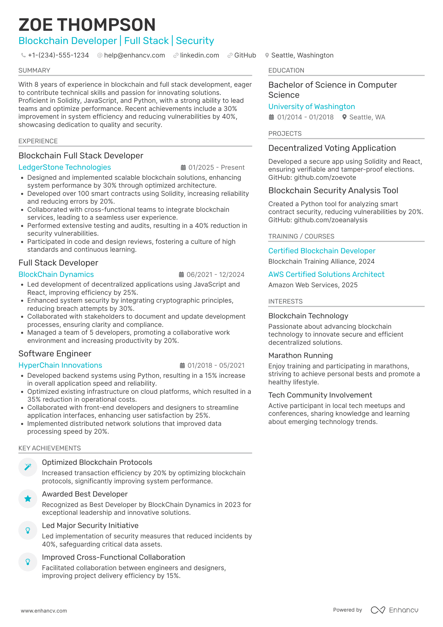 A resume example of a Blockchain Full Stack Developer