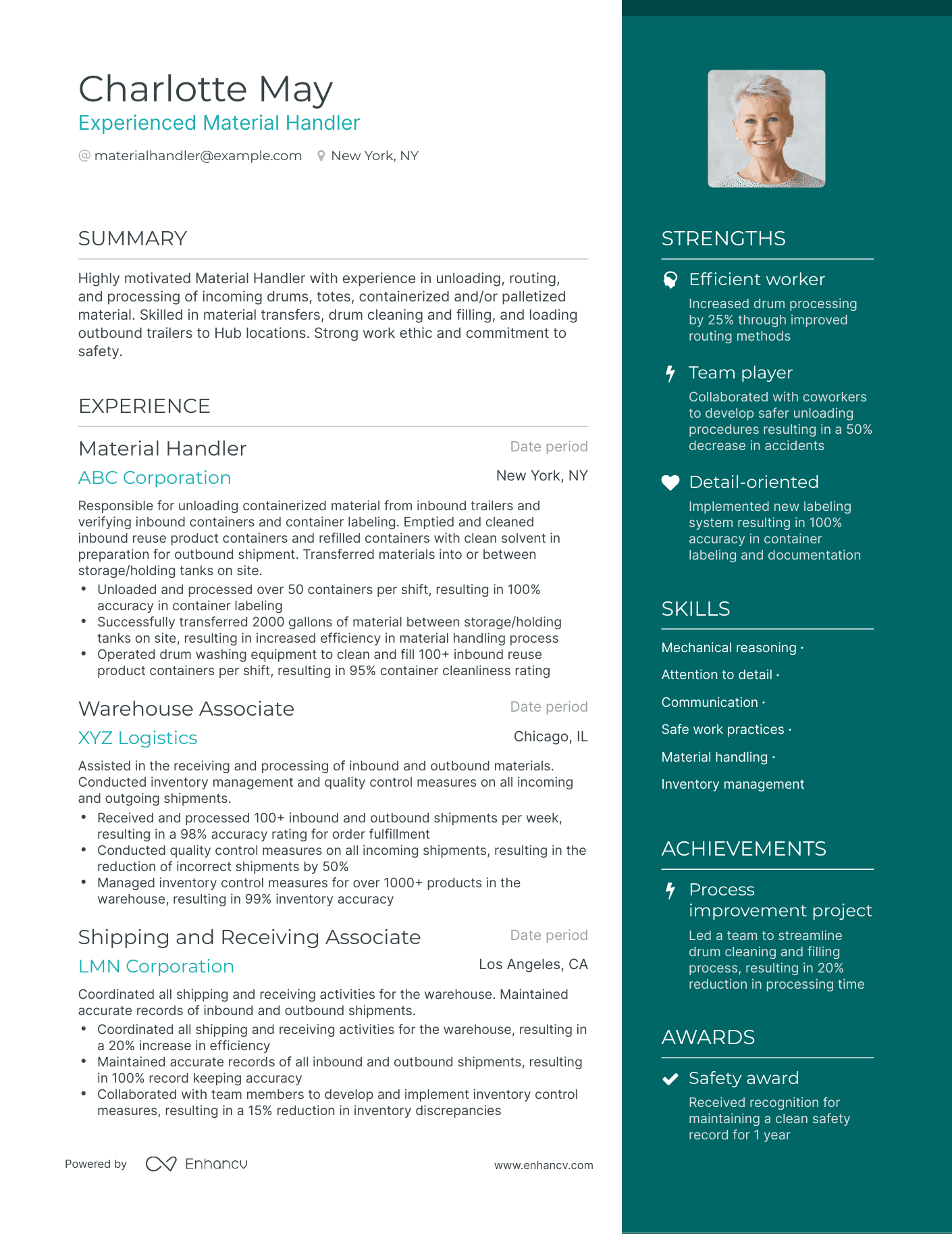 One Page Material Handler Resume Template