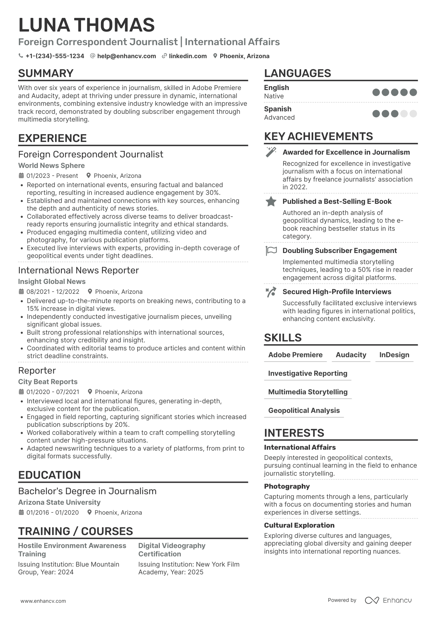 A resume example of a Foreign Correspondent Journalist