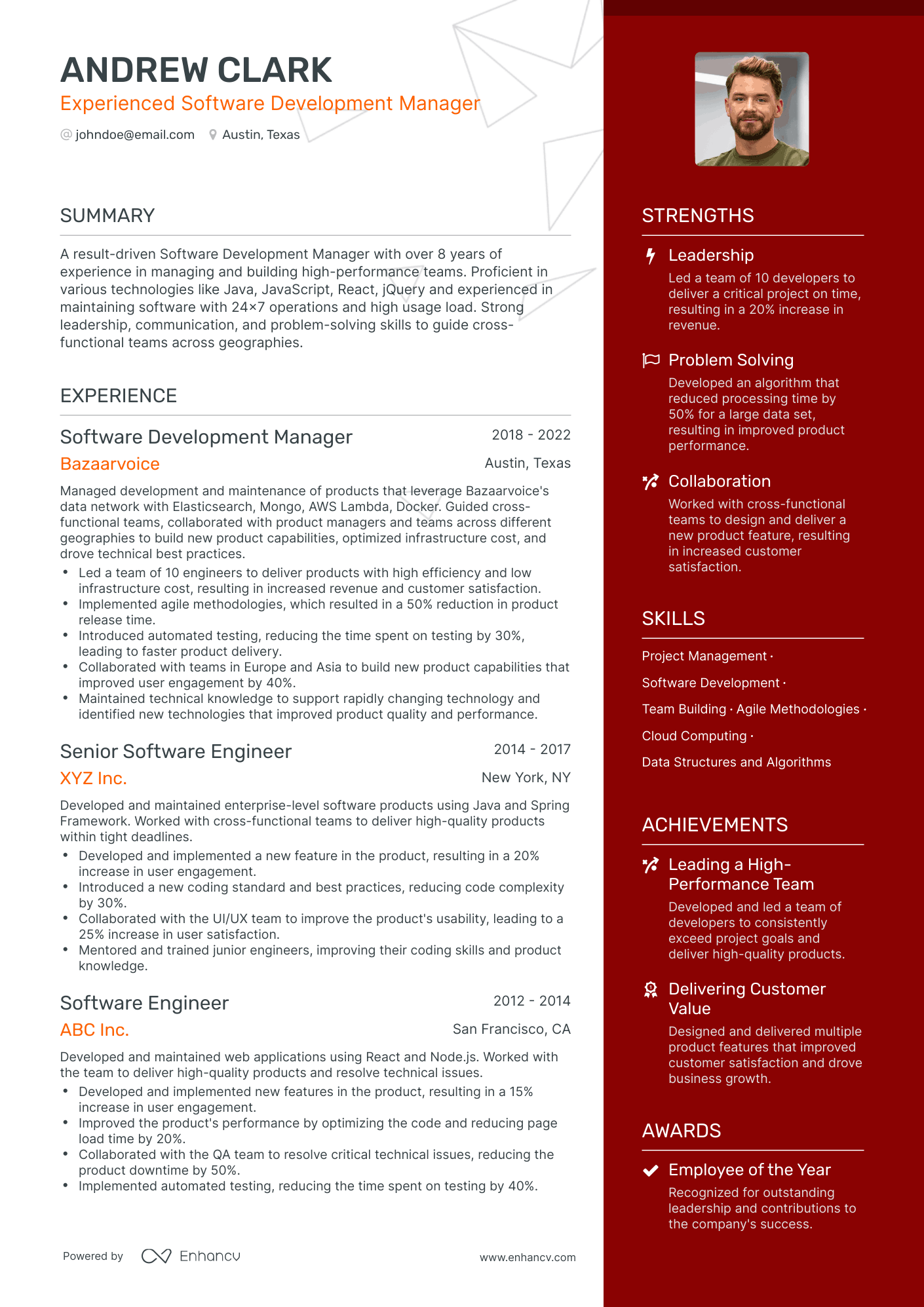 One Page Software Development Manager Resume Template
