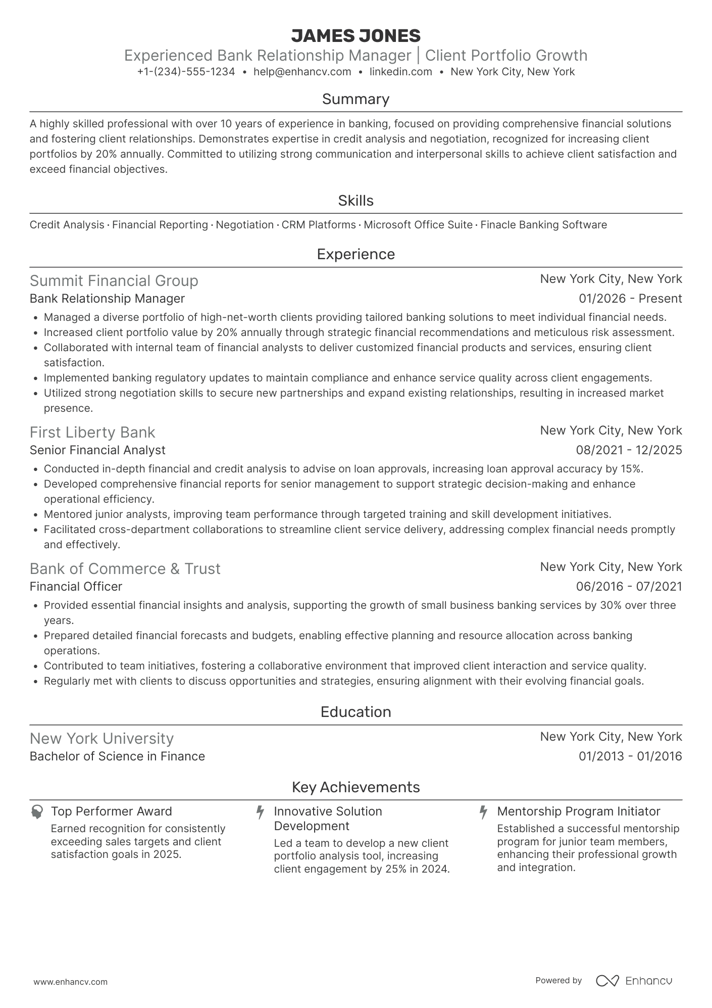 A resume example of a Bank Relationship Manager