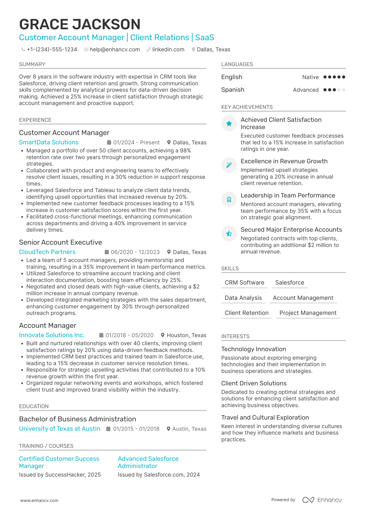 A resume example of a Customer Account Manager