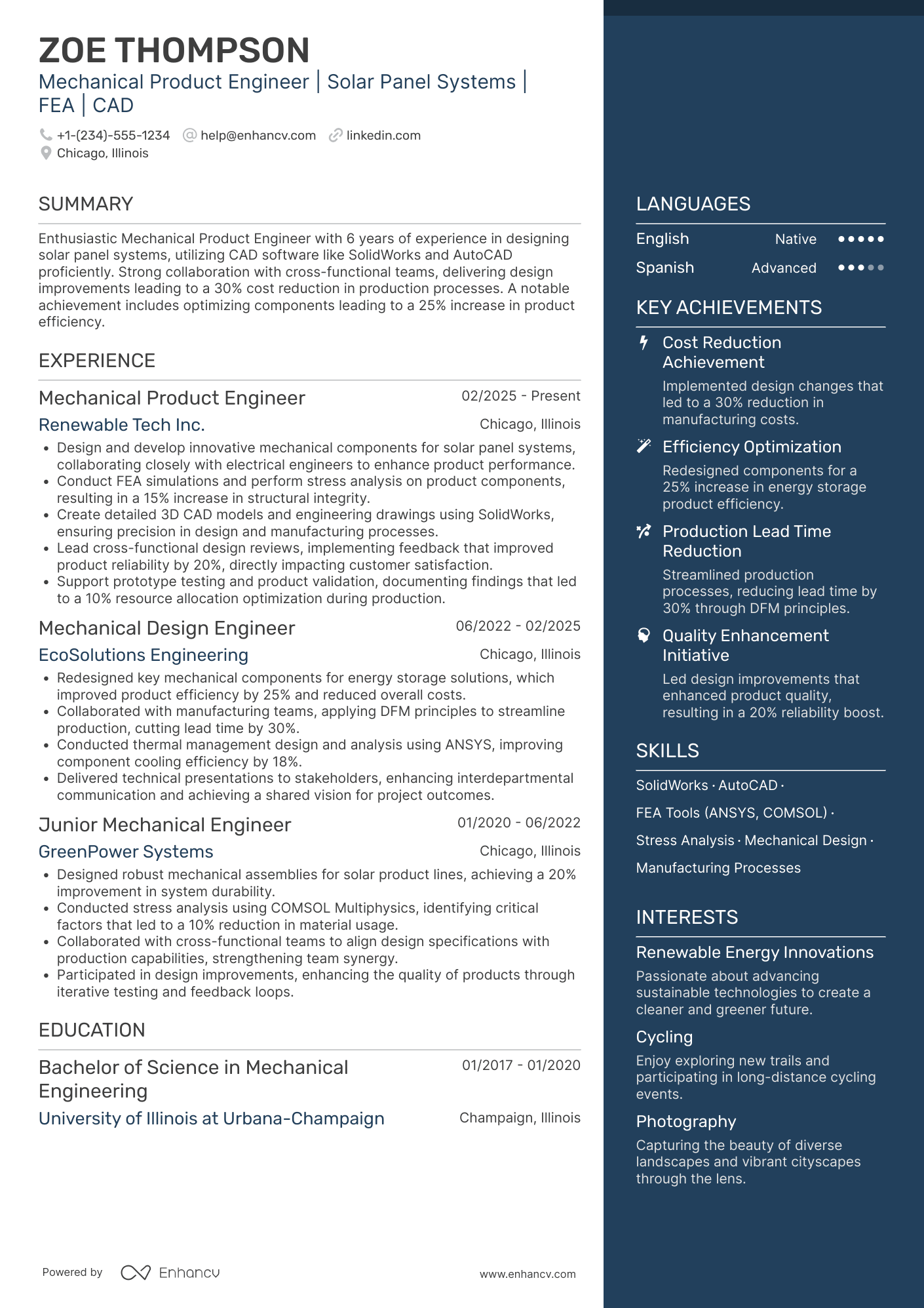 A resume example of a Product Mechanical Engineer