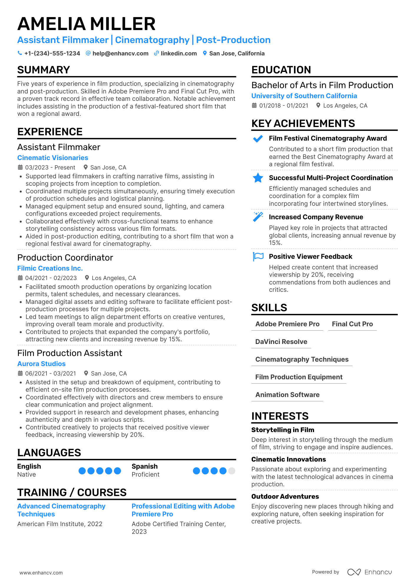 A resume example of a Assistant Filmmaker