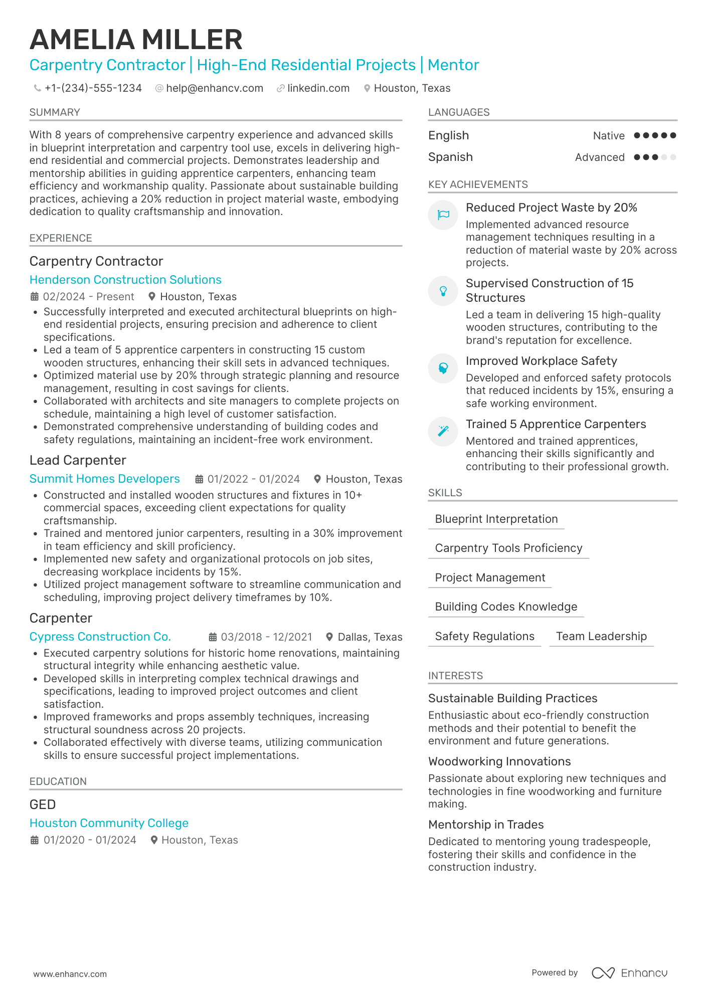 A resume example of a Carpentry Contractor