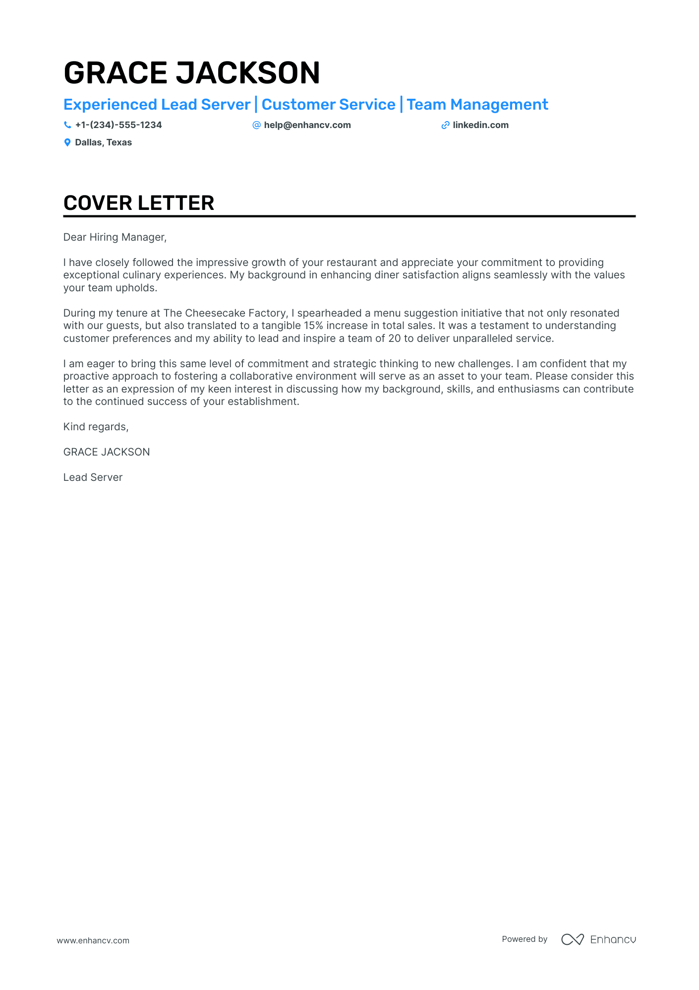cover letter sample for server position