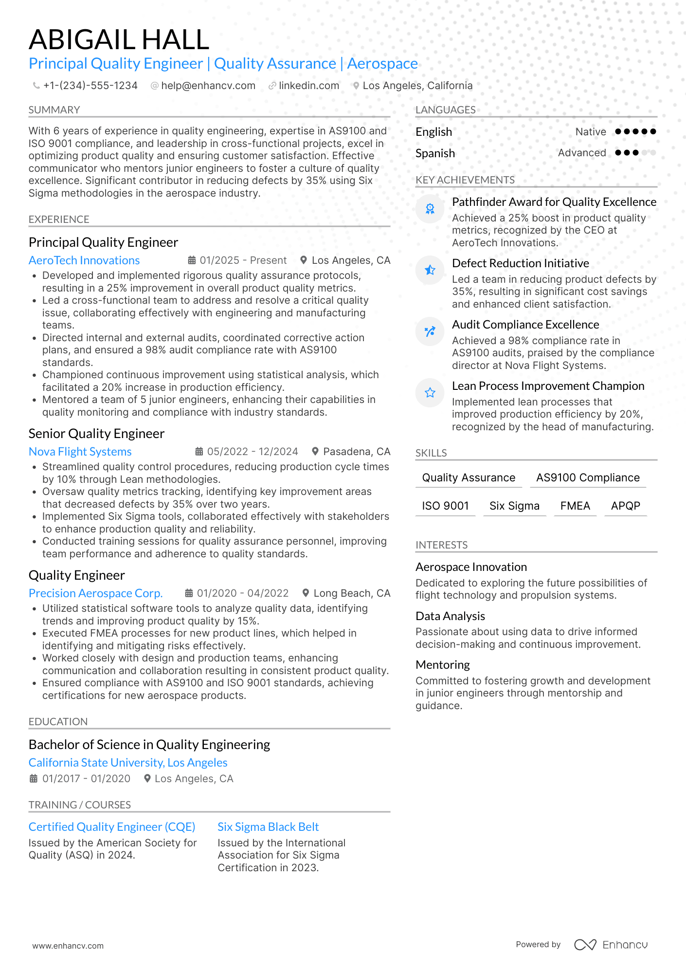 A resume example of a Principal Quality Engineer