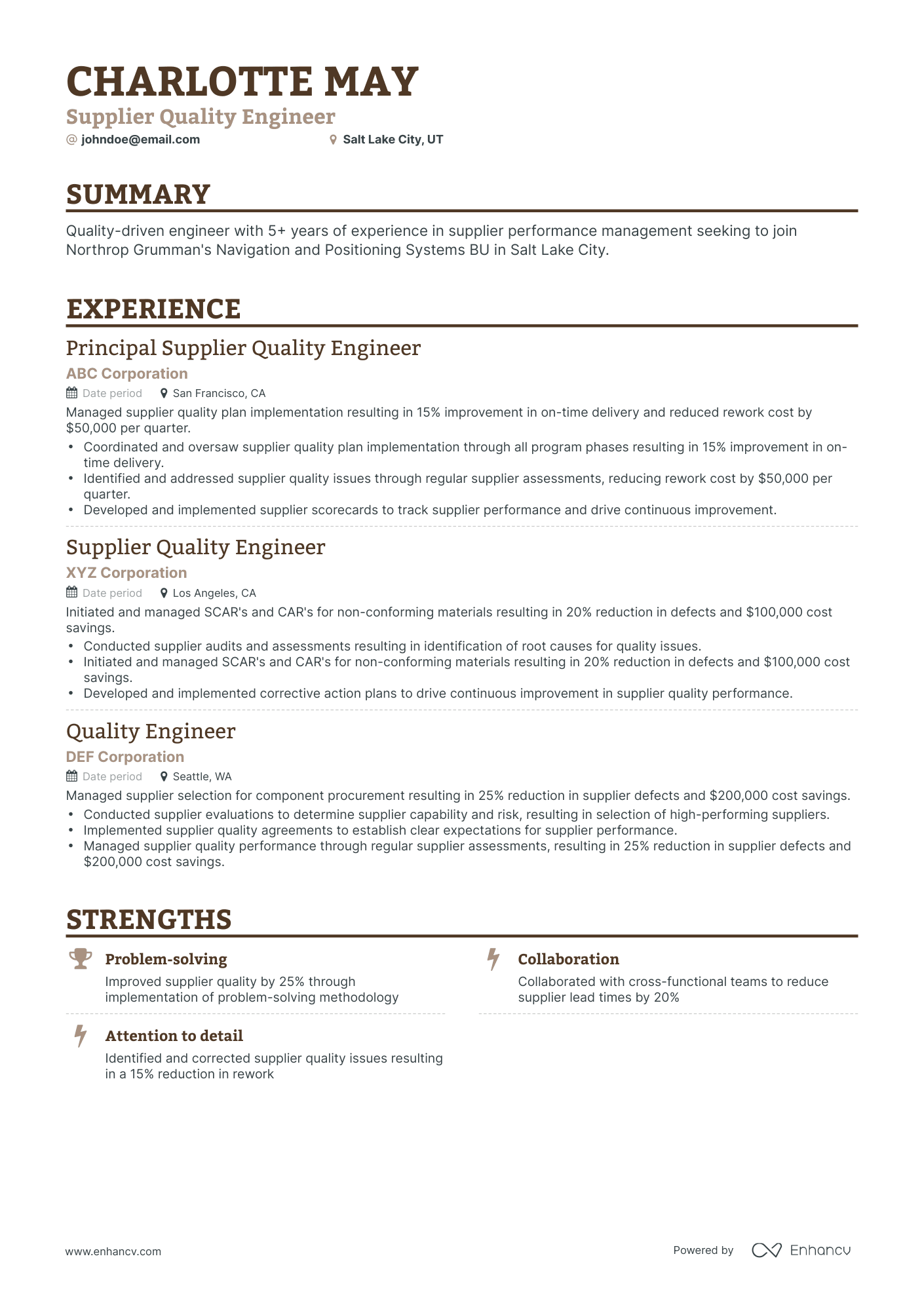 Classic Supplier Quality Engineer Resume Template
