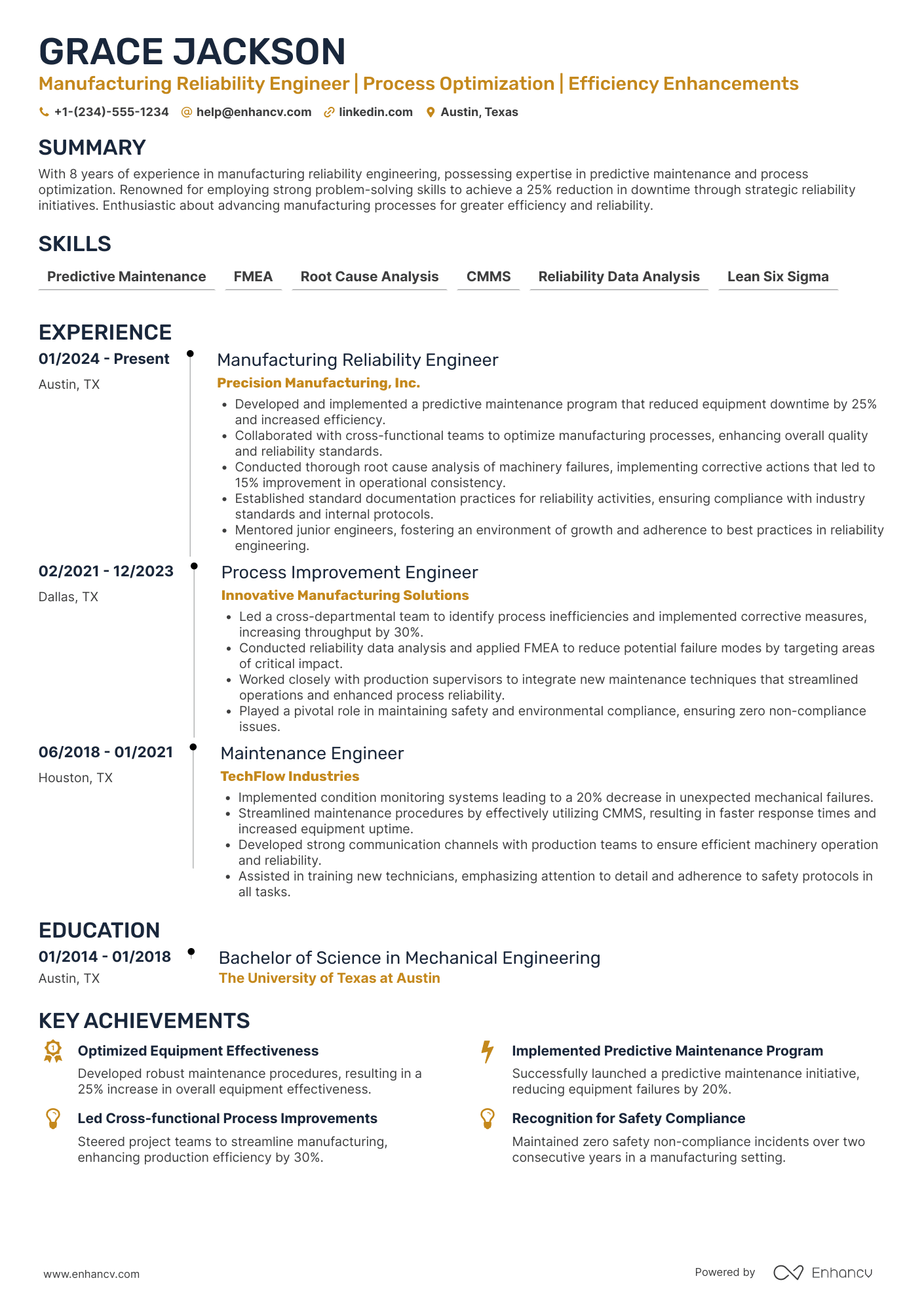 A resume example of a Manufacturing Reliability Engineer