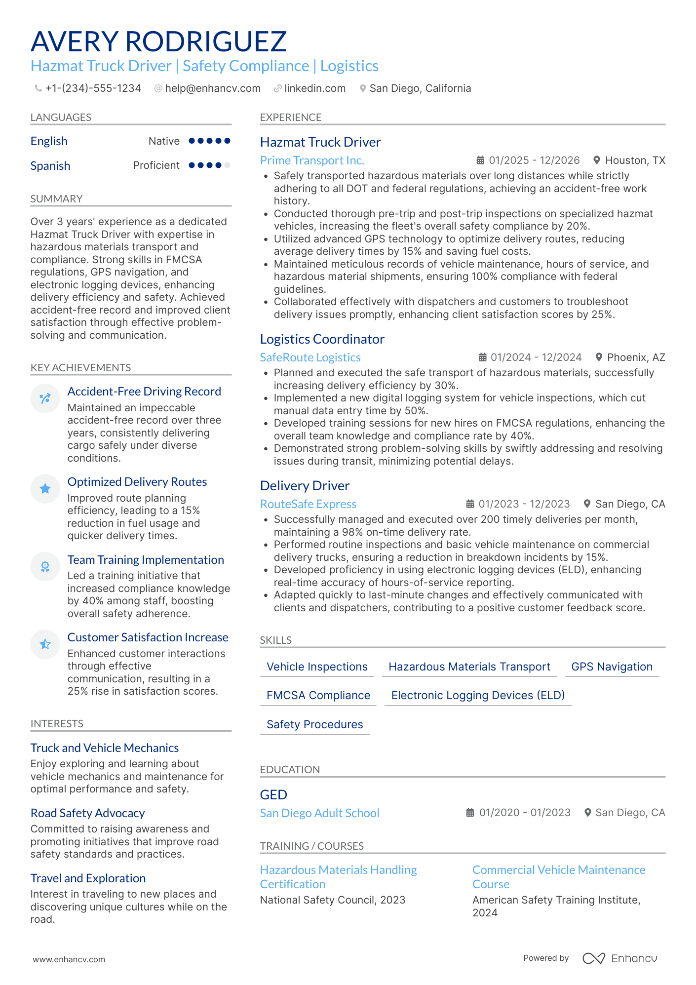 A resume example of a Hazmat Truck Driver