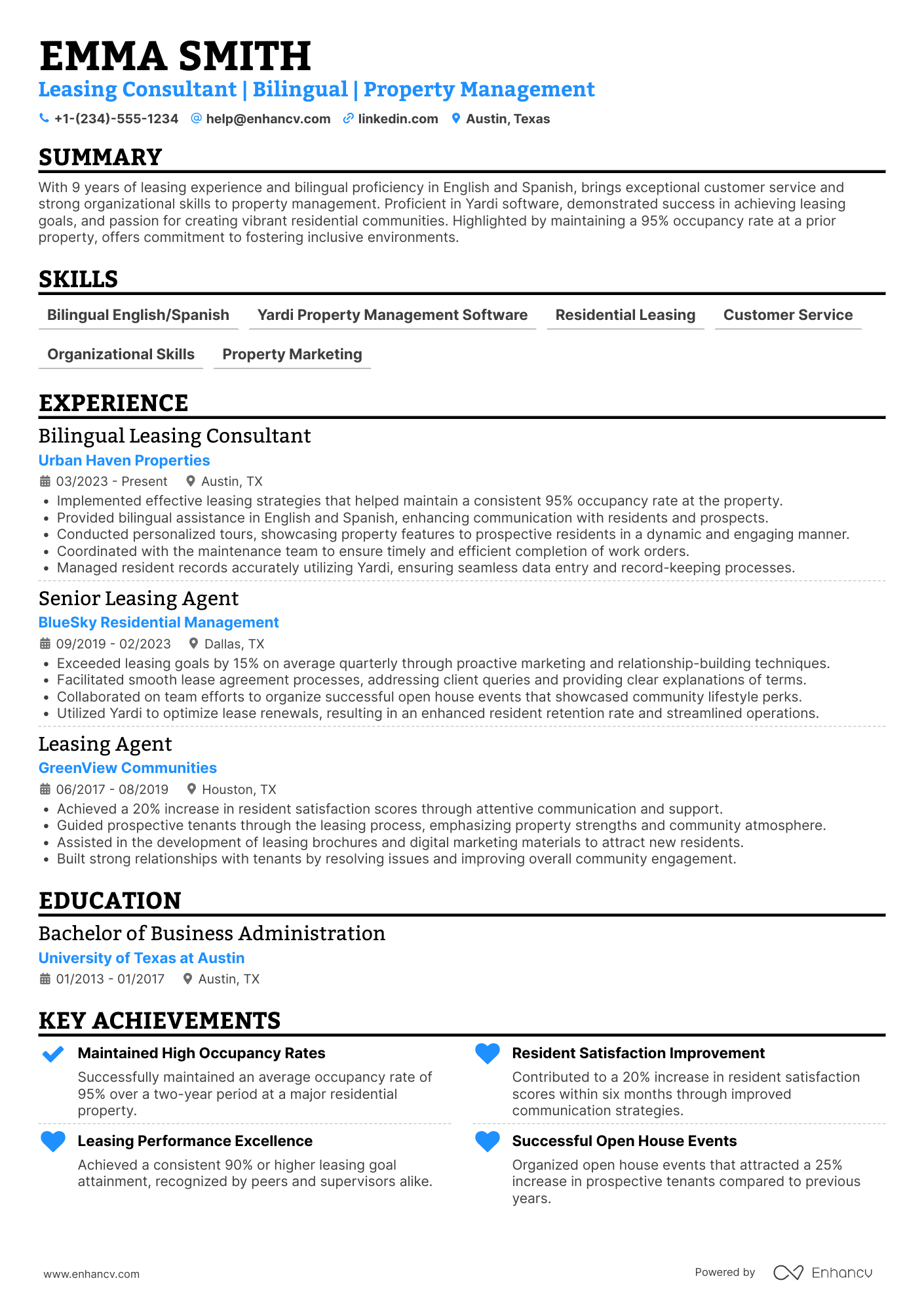 A resume example of a Bilingual Leasing Consultant