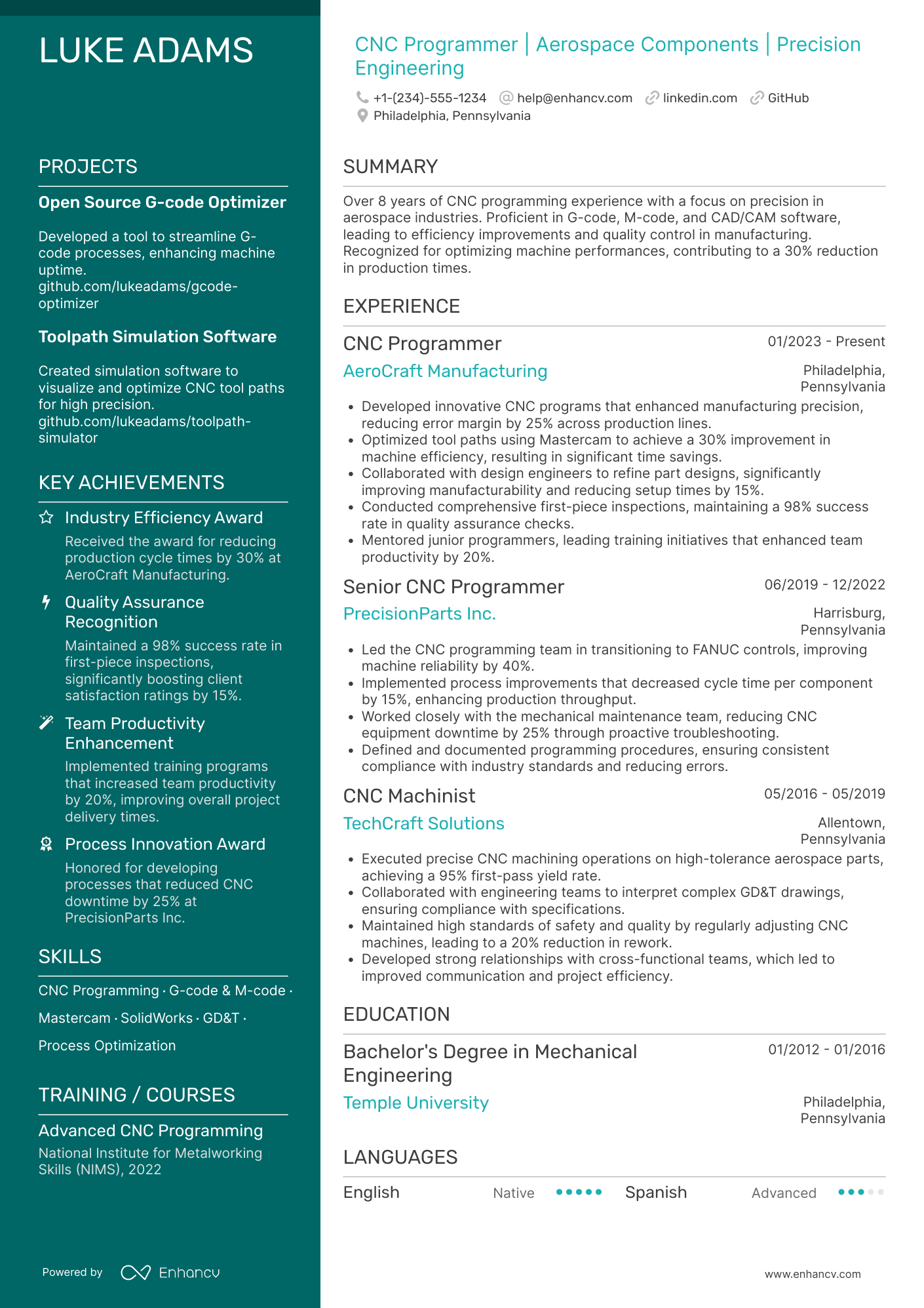 A resume example of a Cnc Programmer