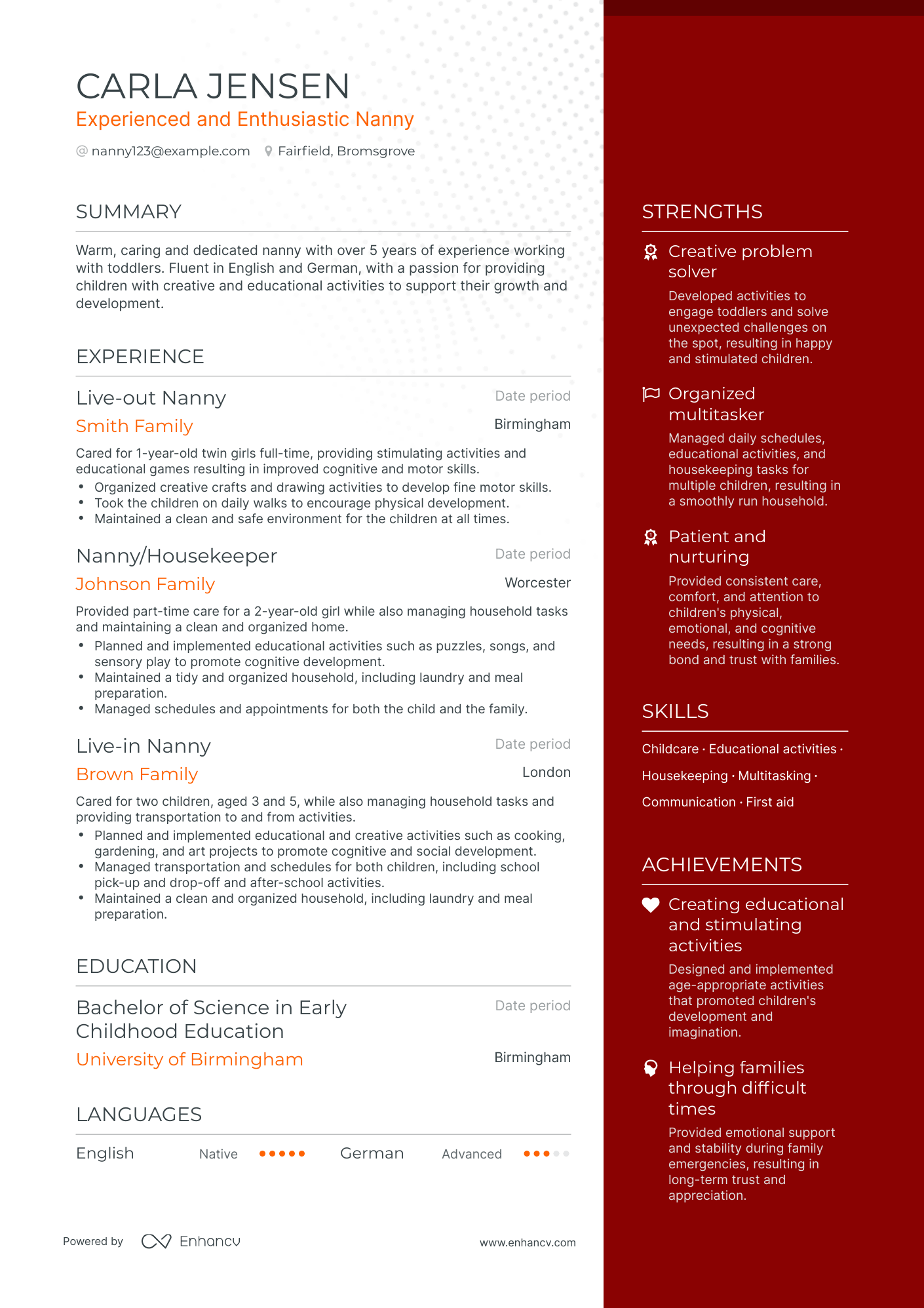 One Page Nanny Resume Template