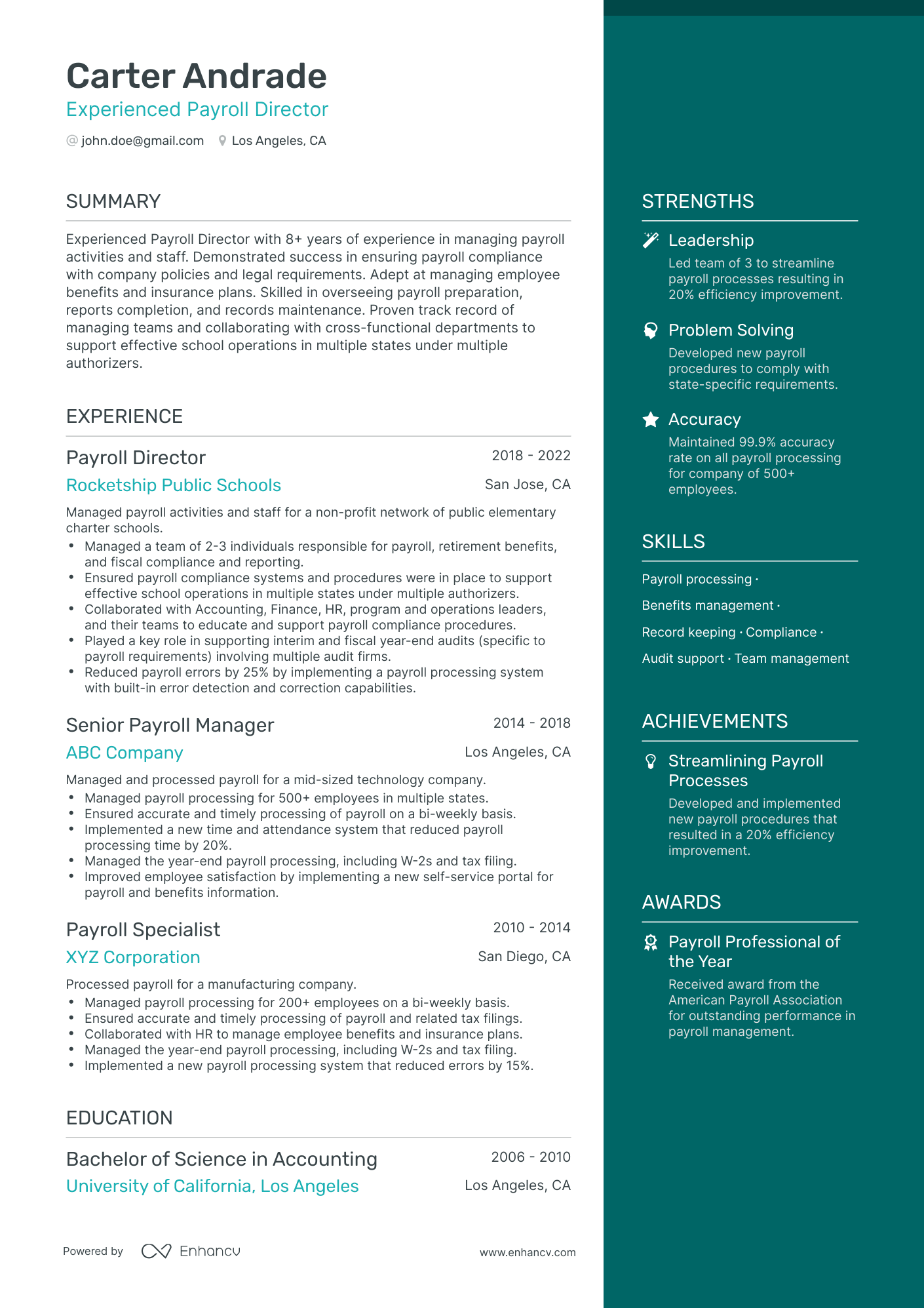 One Page Payroll Director Resume Template