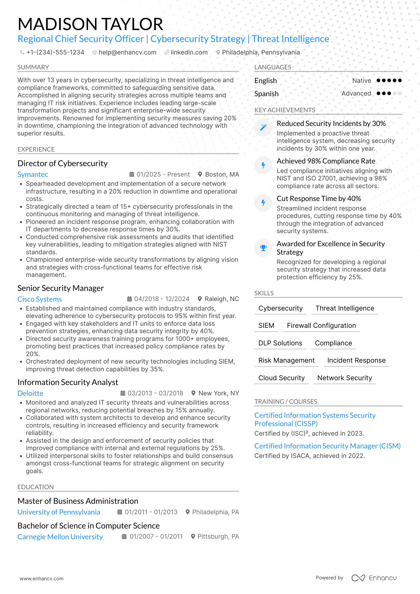 A resume example of a Regional Chief Security Officer