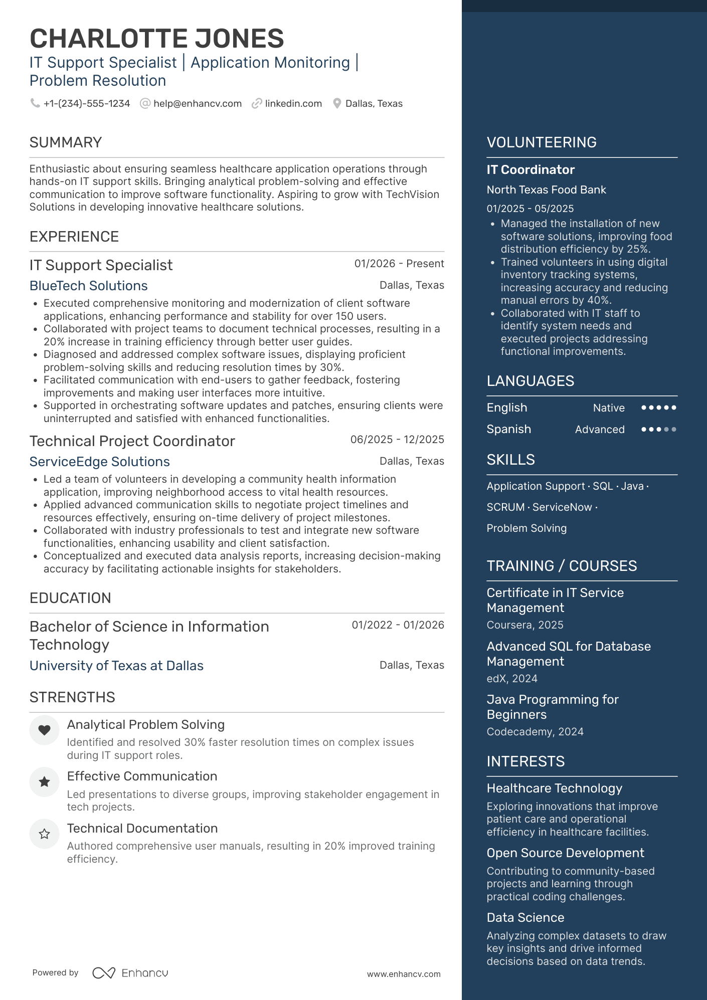 A resume example of a IT Application Support Intern
