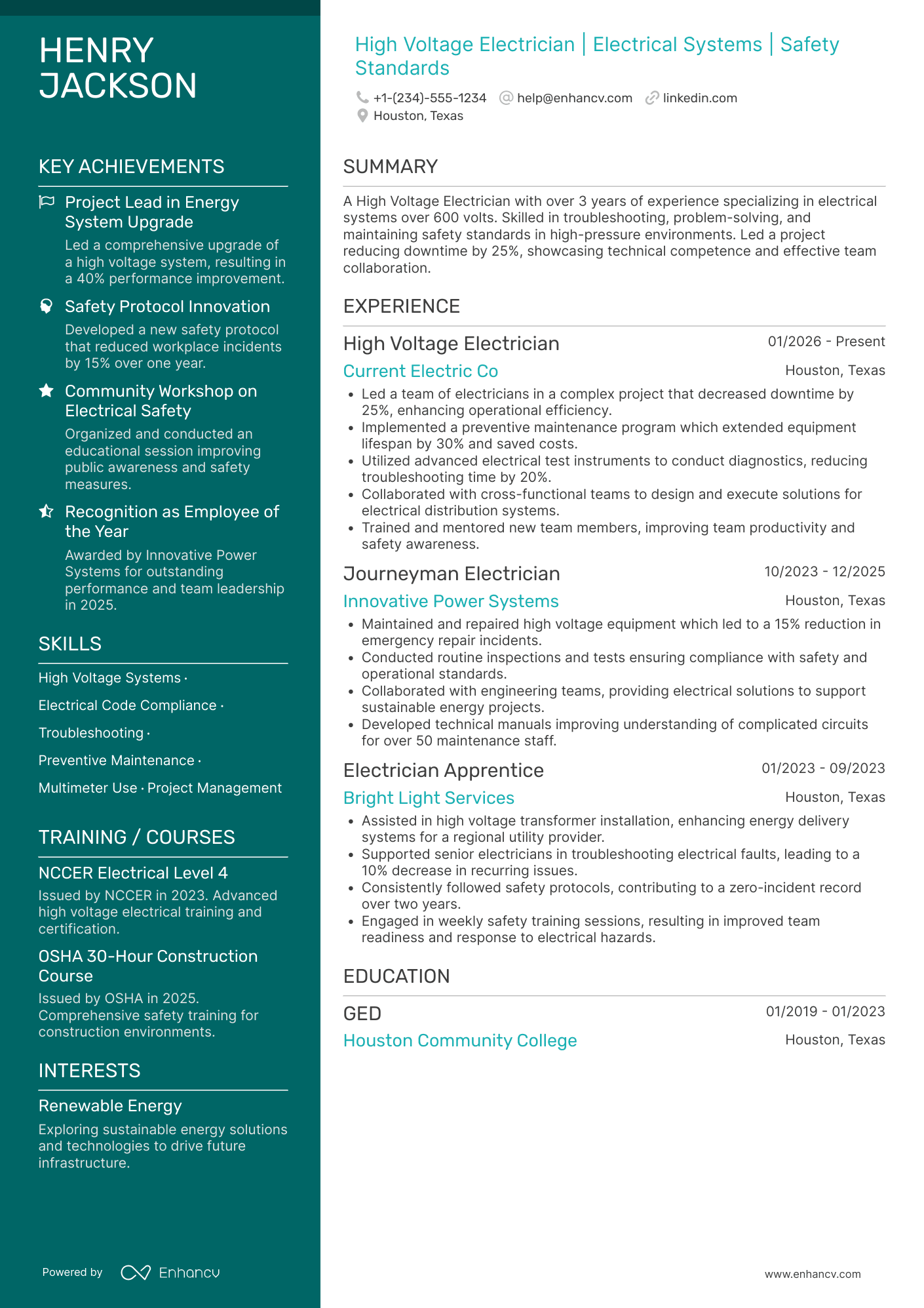A resume example of a High Voltage Electrician