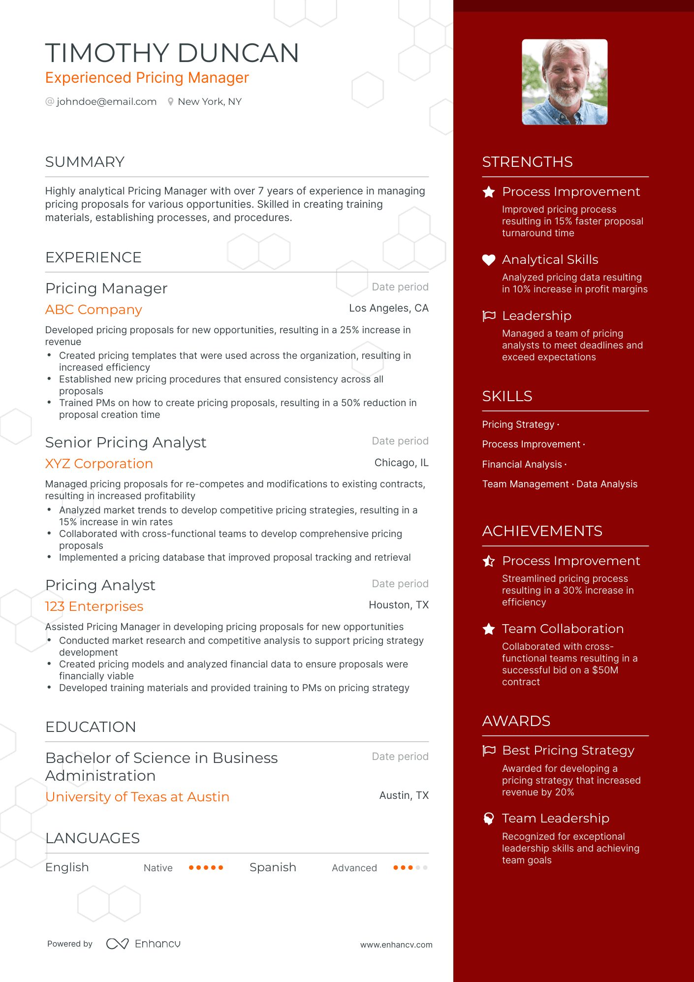 One Page Pricing Manager Resume Template