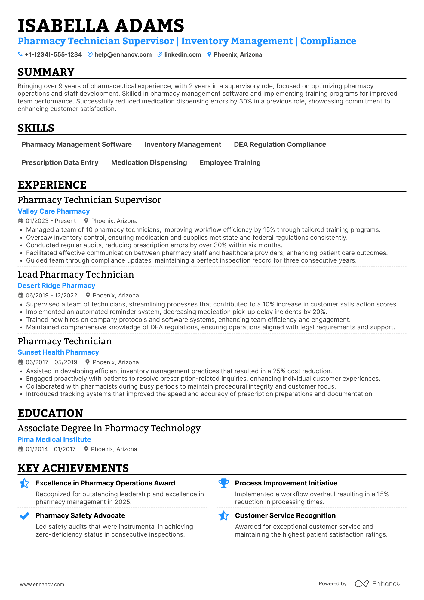 A resume example of a Pharmacy Technician Supervisor