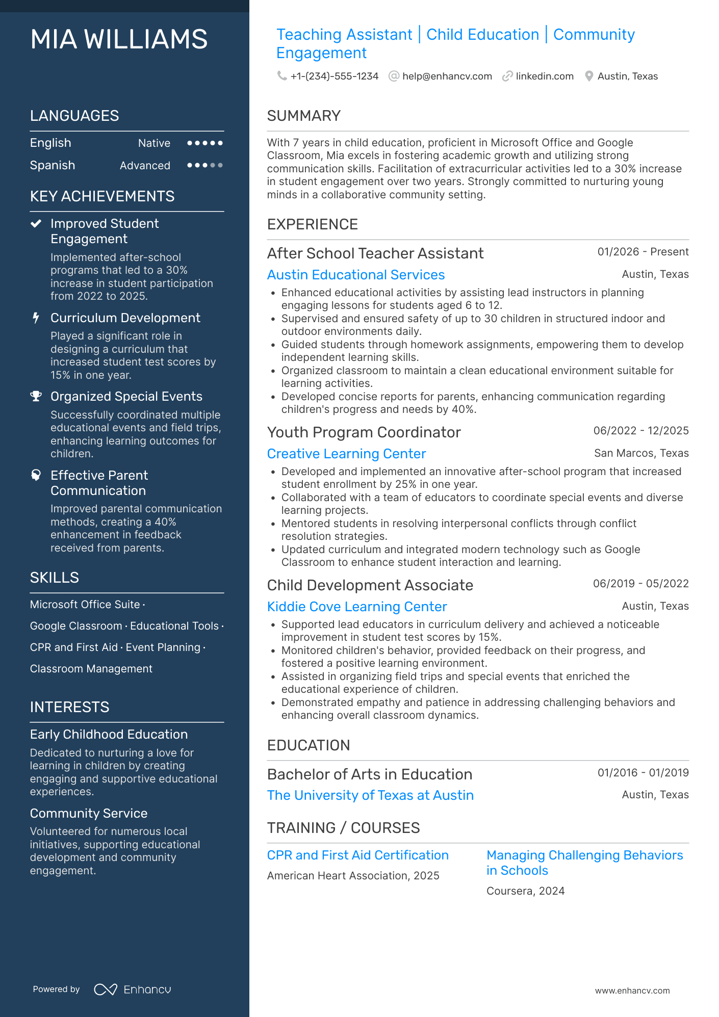 A resume example of a After School Teacher Assistant