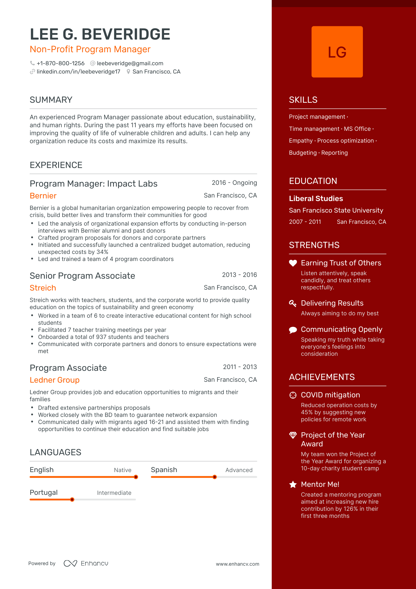 One Page Nonprofit Program Manager Resume Template
