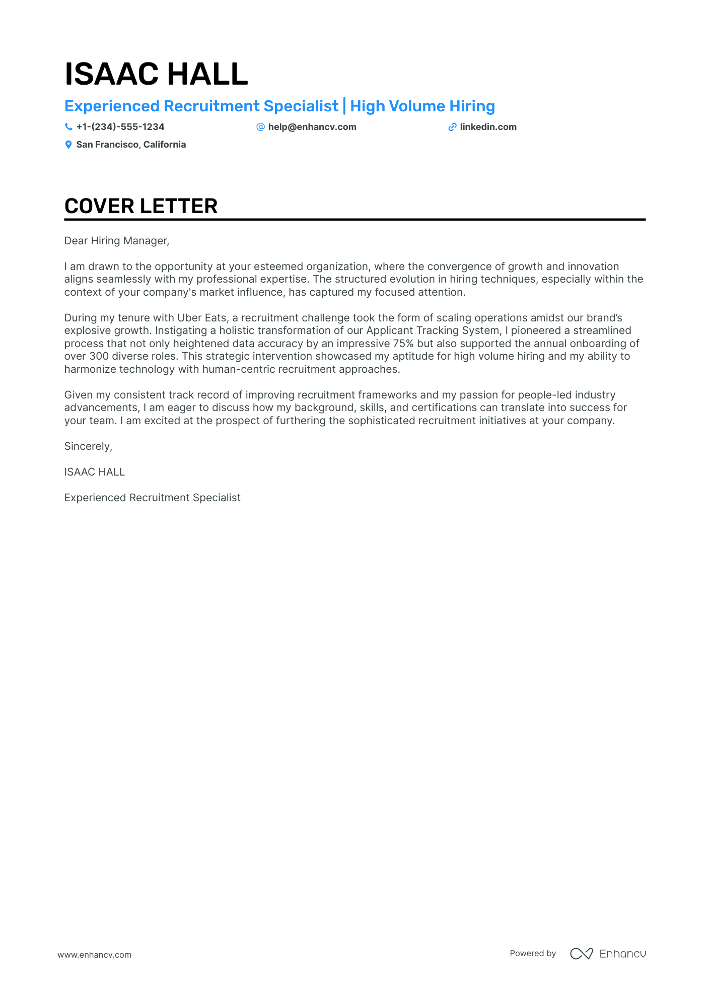 sample cover letter for recruiter role