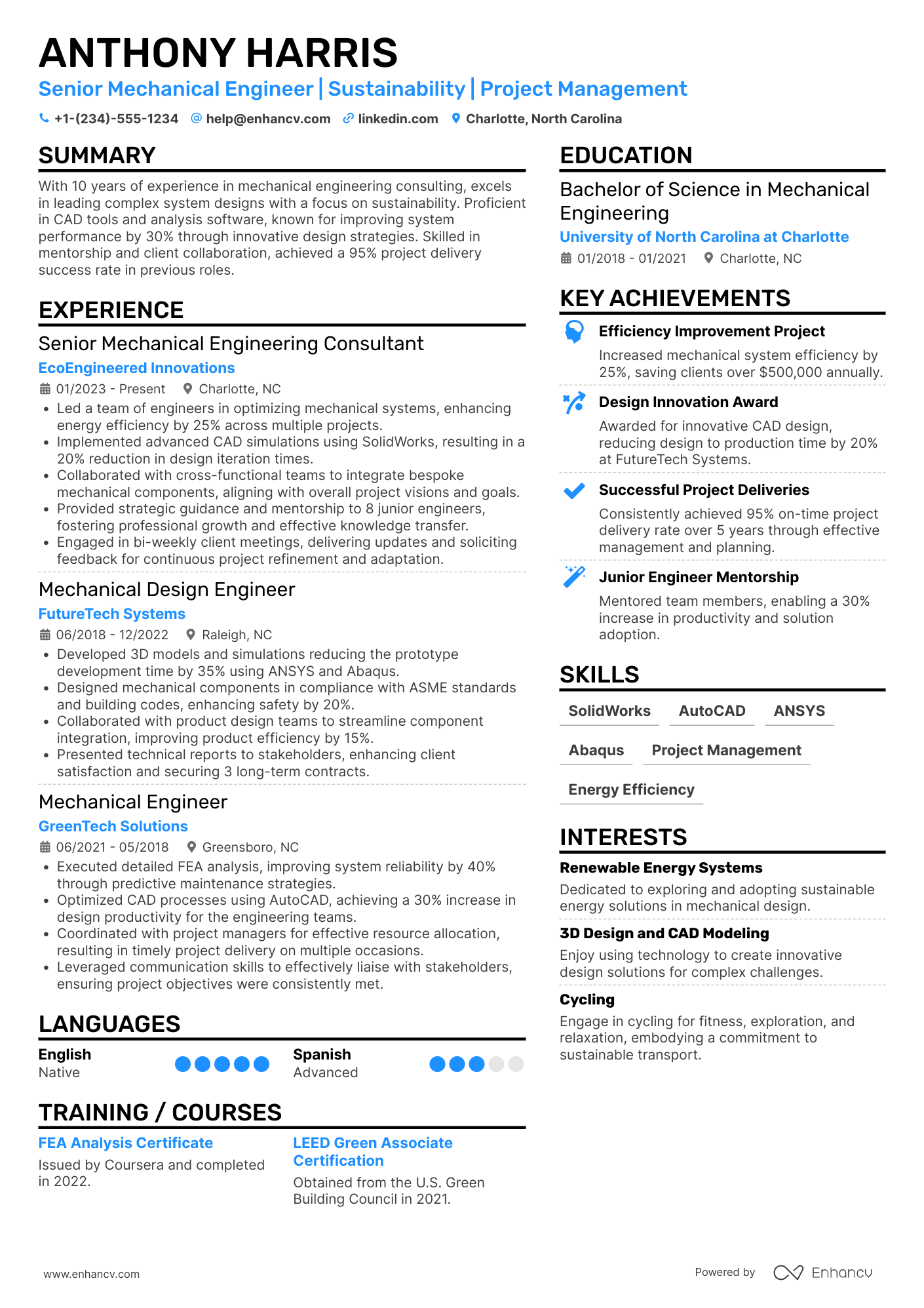 A resume example of a Senior Mechanical Engineering Consultant