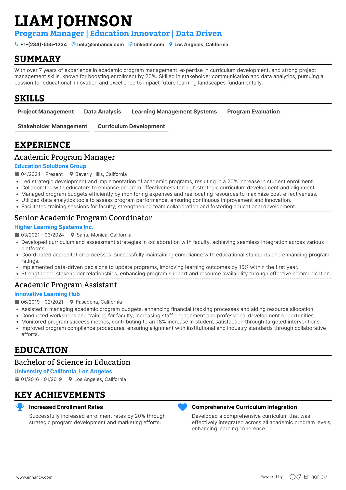 A resume example of a Academic Program Manager