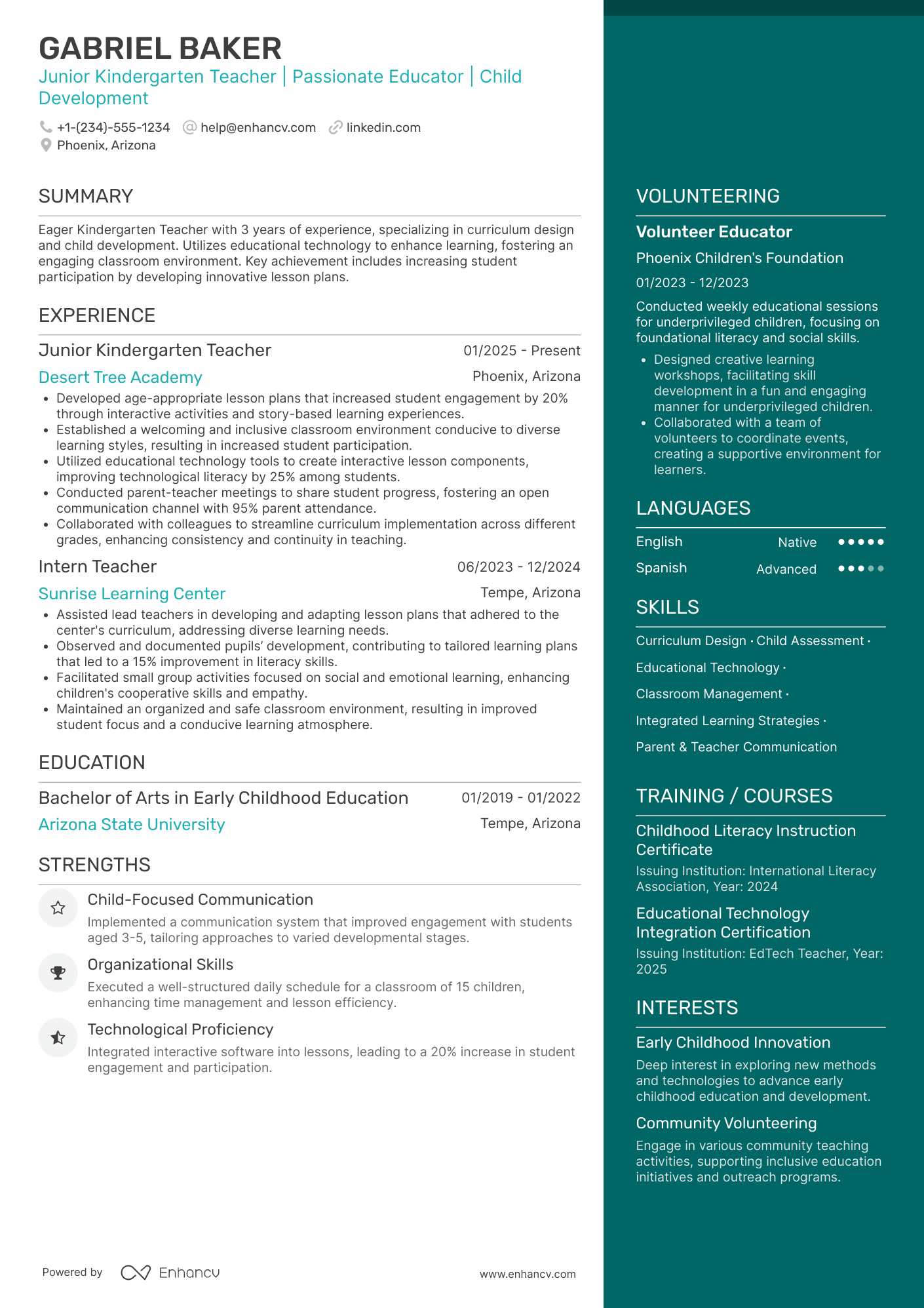 A resume example of a Junior Kindergarten Teacher