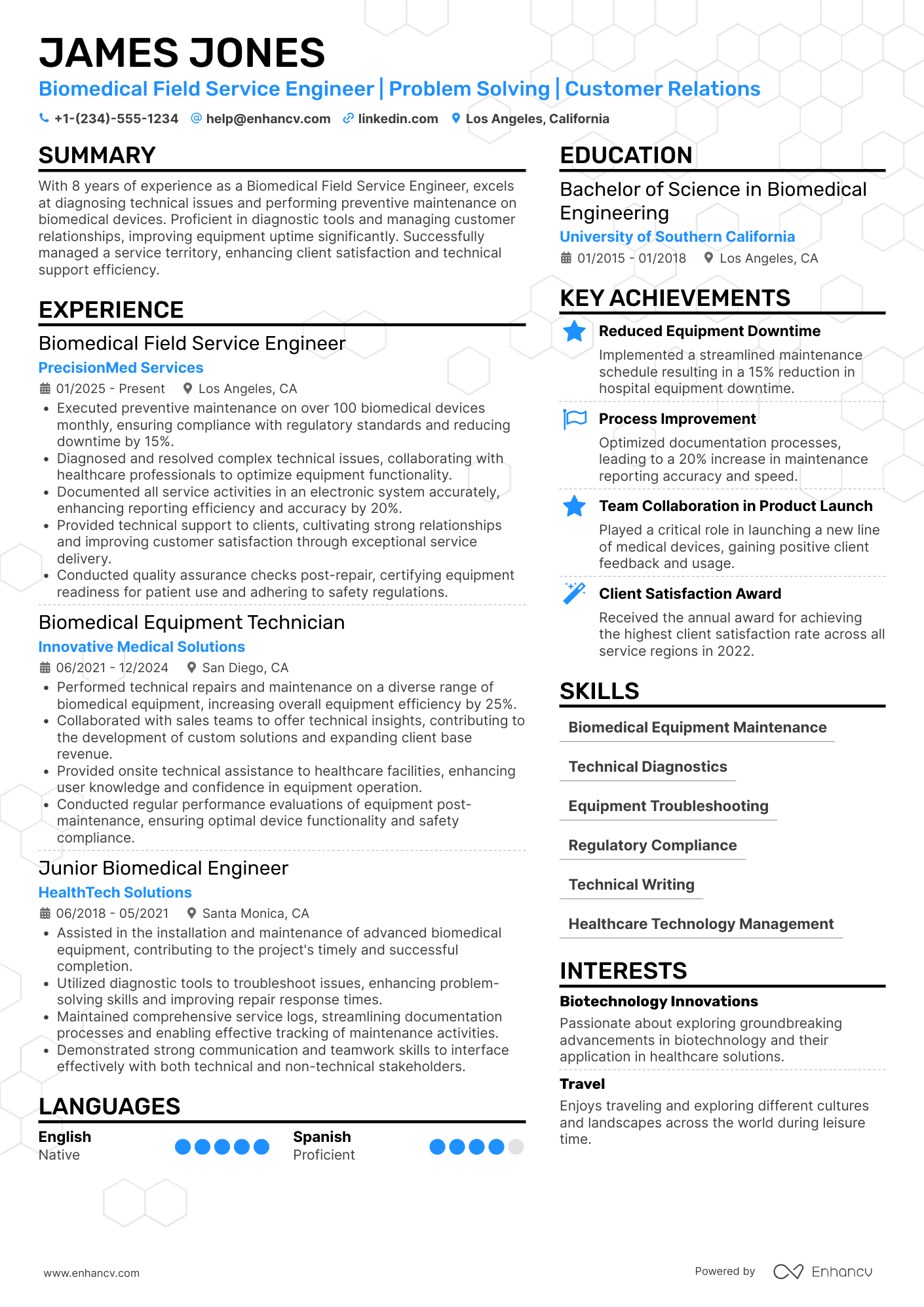 A resume example of a Biomedical Field Service Engineer