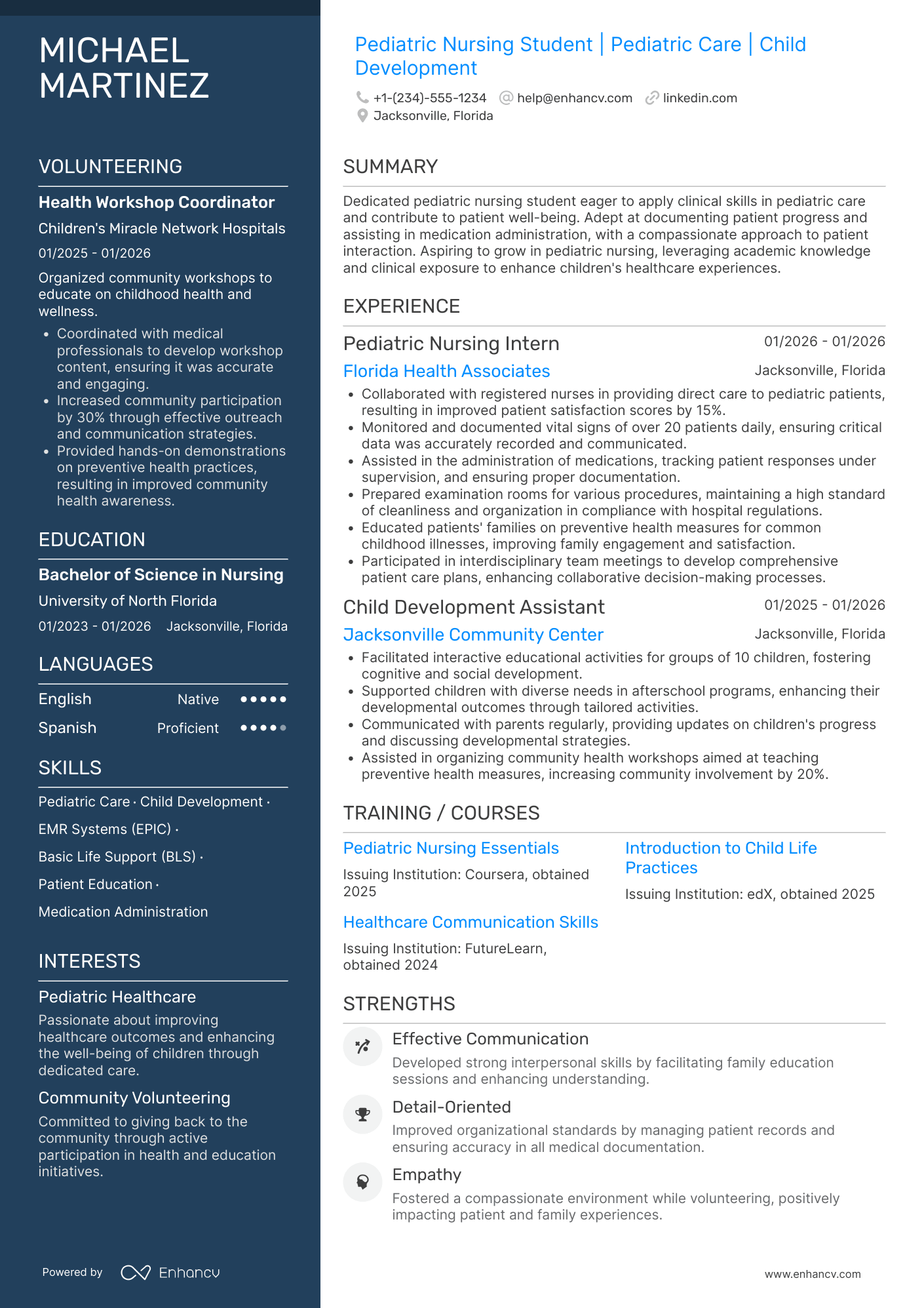 A resume example of a Pediatric Nursing Student