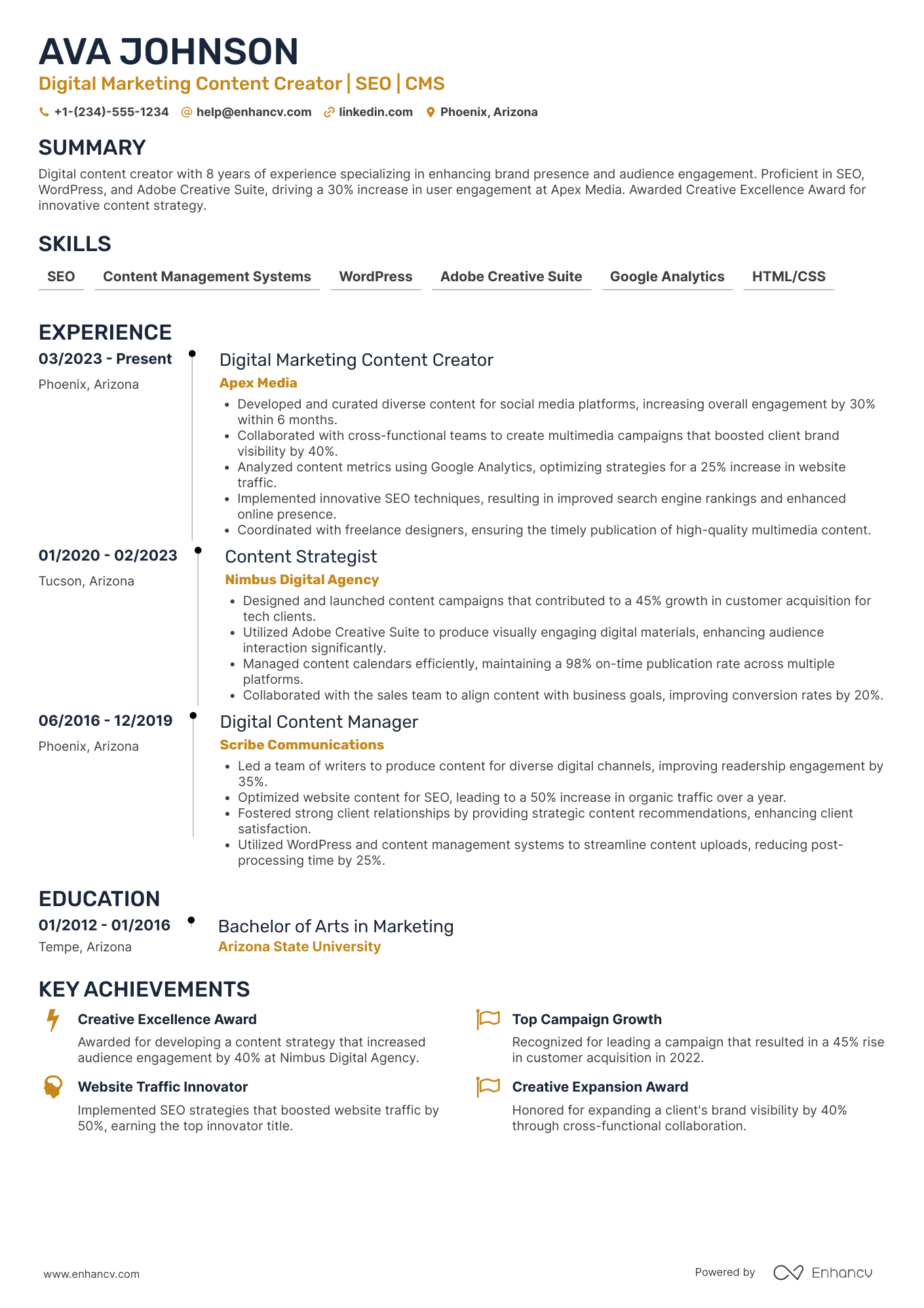 A resume example of a Digital Marketing Content Creator