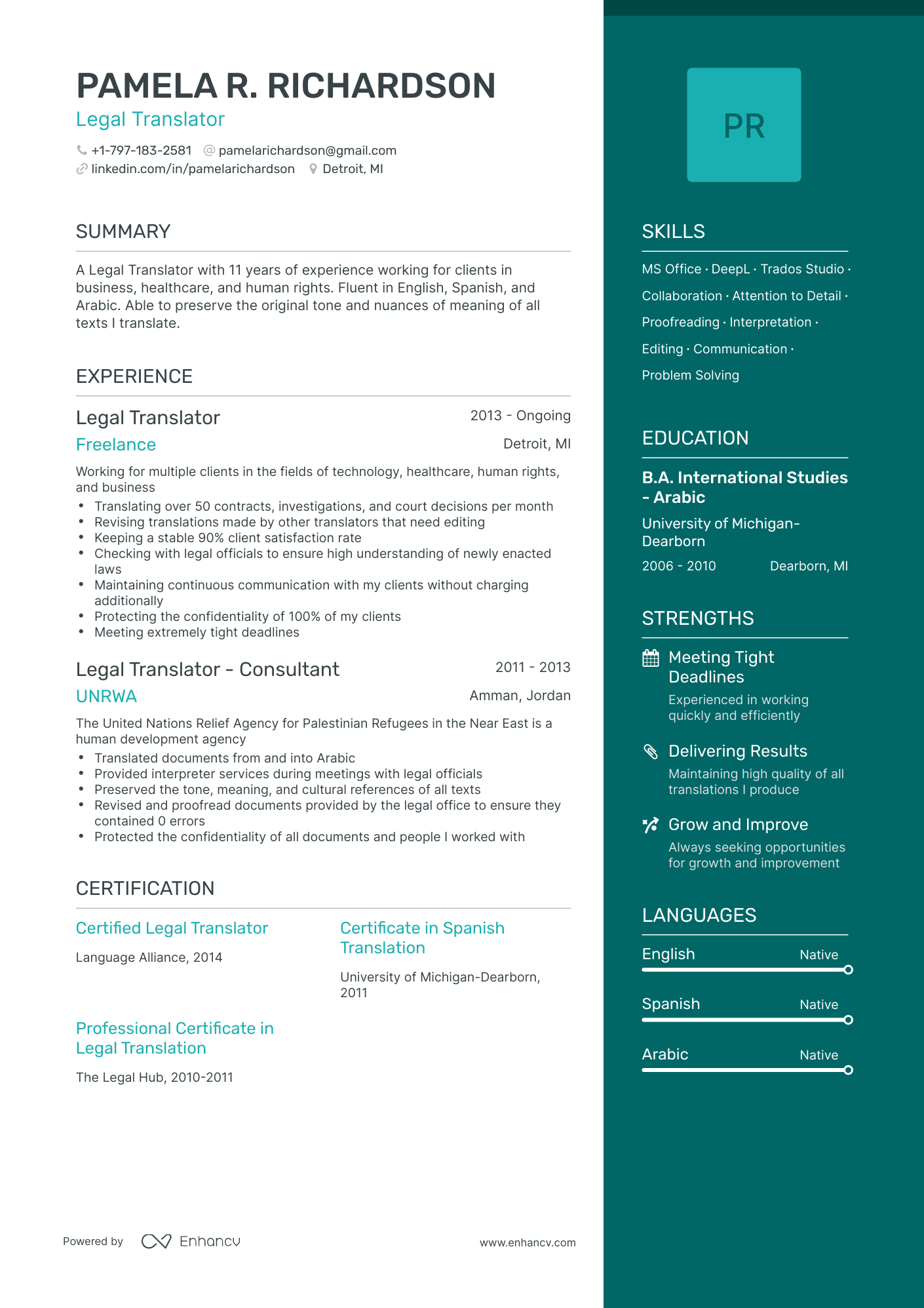 One Page Legal Translator Resume Template