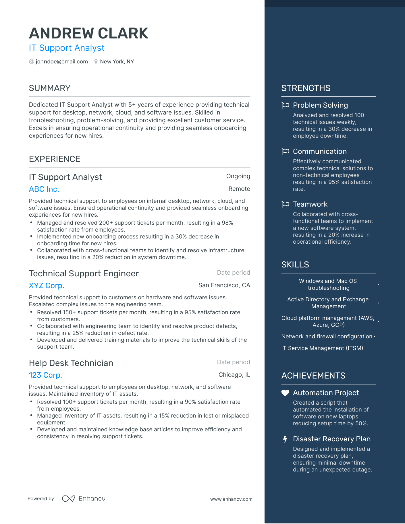 One Page IT Support Analyst Resume Template