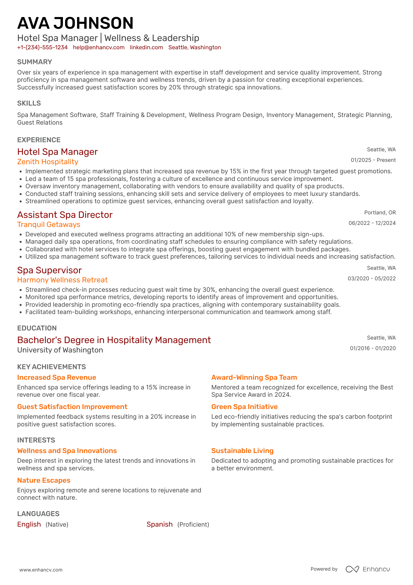 A resume example of a Hotel Spa Manager