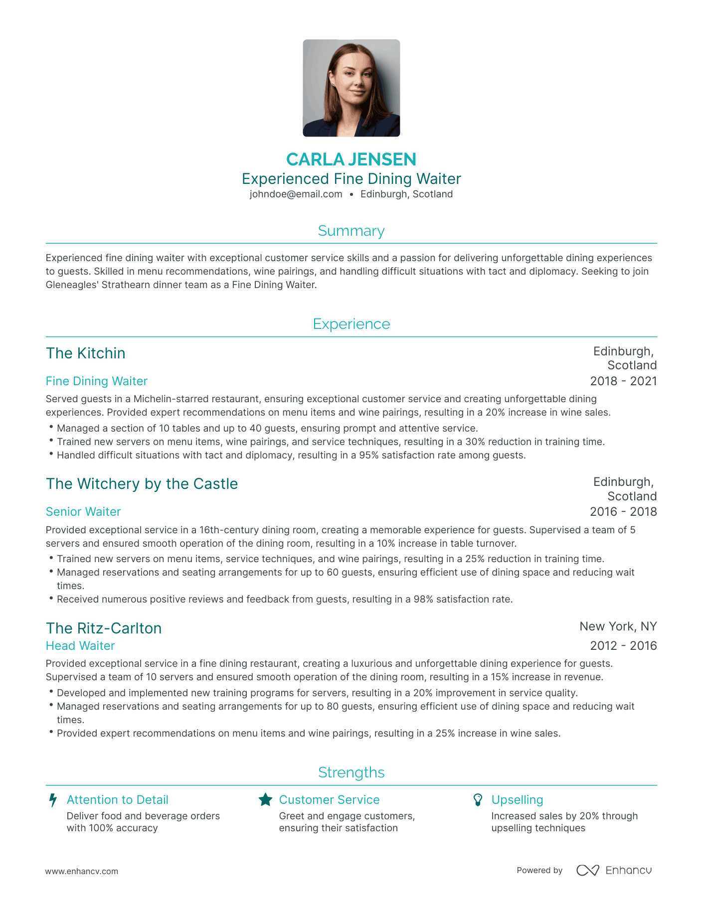 Traditional Fine Dining Resume Template