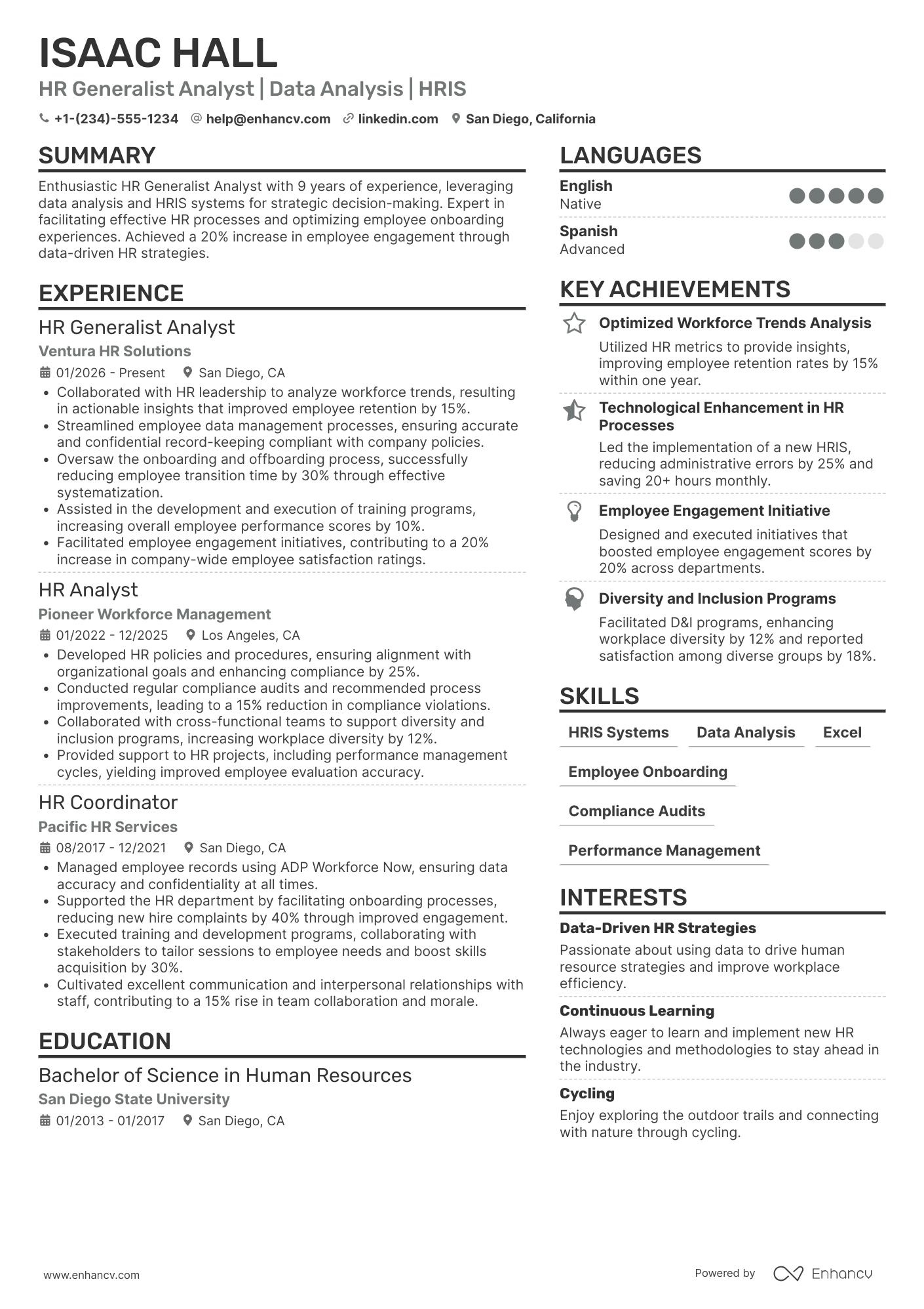 A resume example of a HR Generalist Analyst