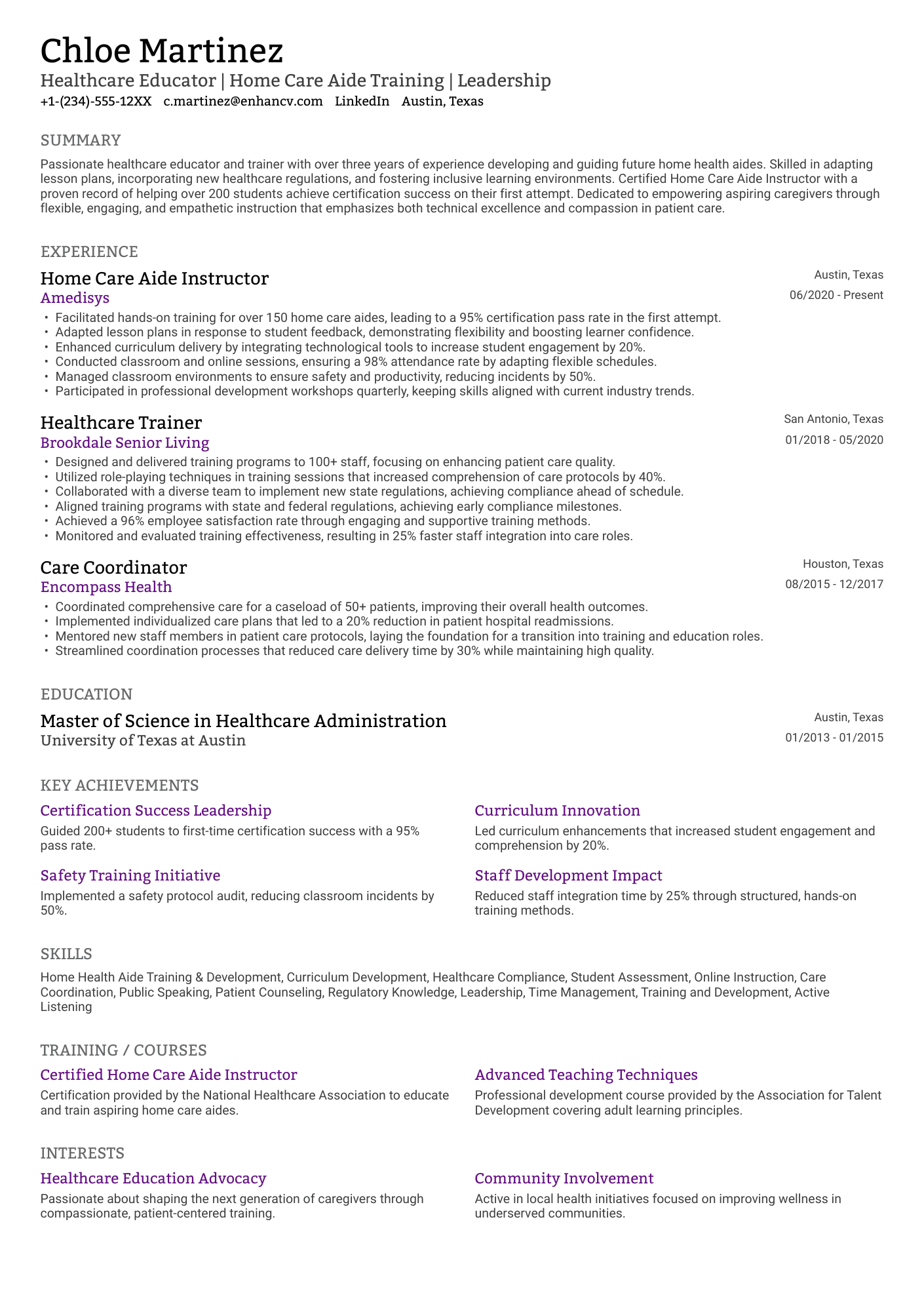 A resume example of a Home Health Aide Trainer