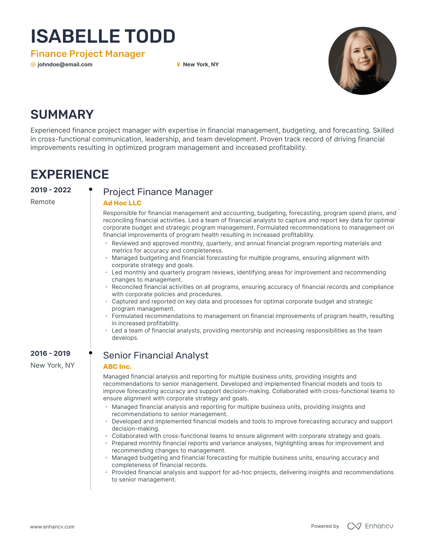 Timeline Finance Project Manager Resume Template
