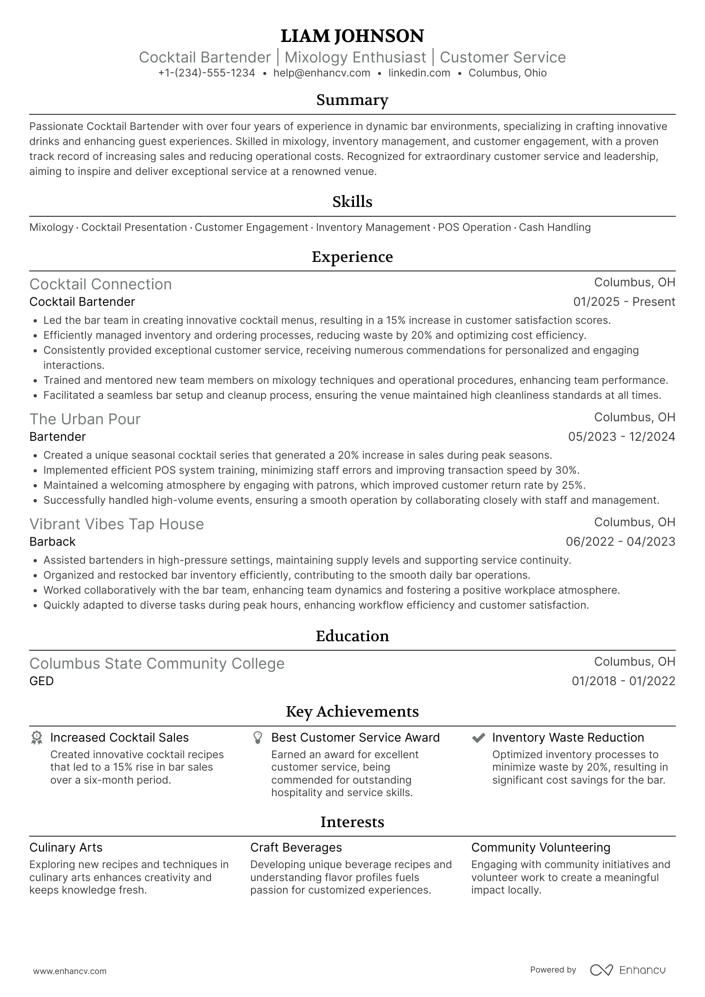 A resume example of a Cocktail Bartender