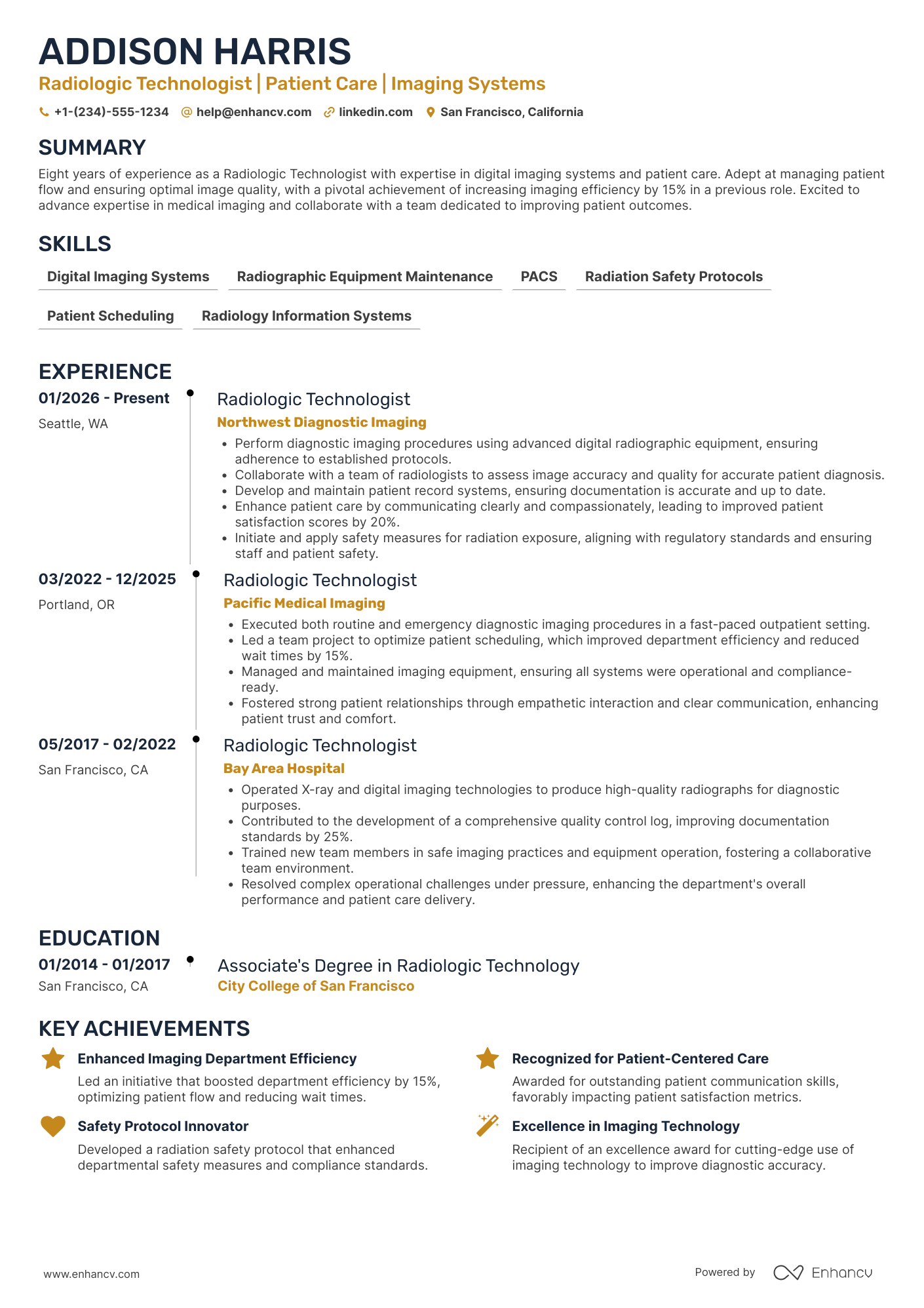 A resume example of a Radiologic Technologist