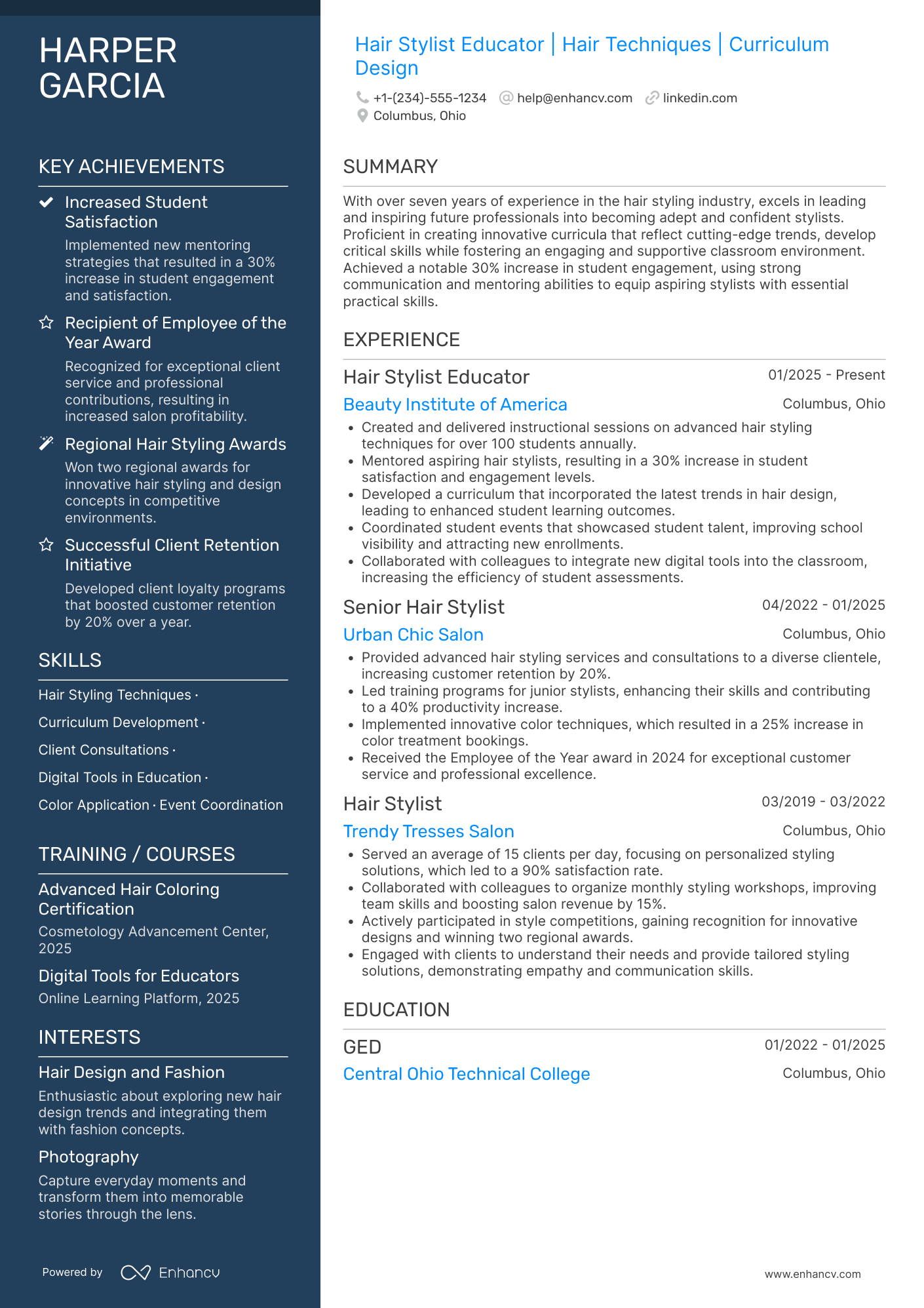 A resume example of a Hair Stylist Educator