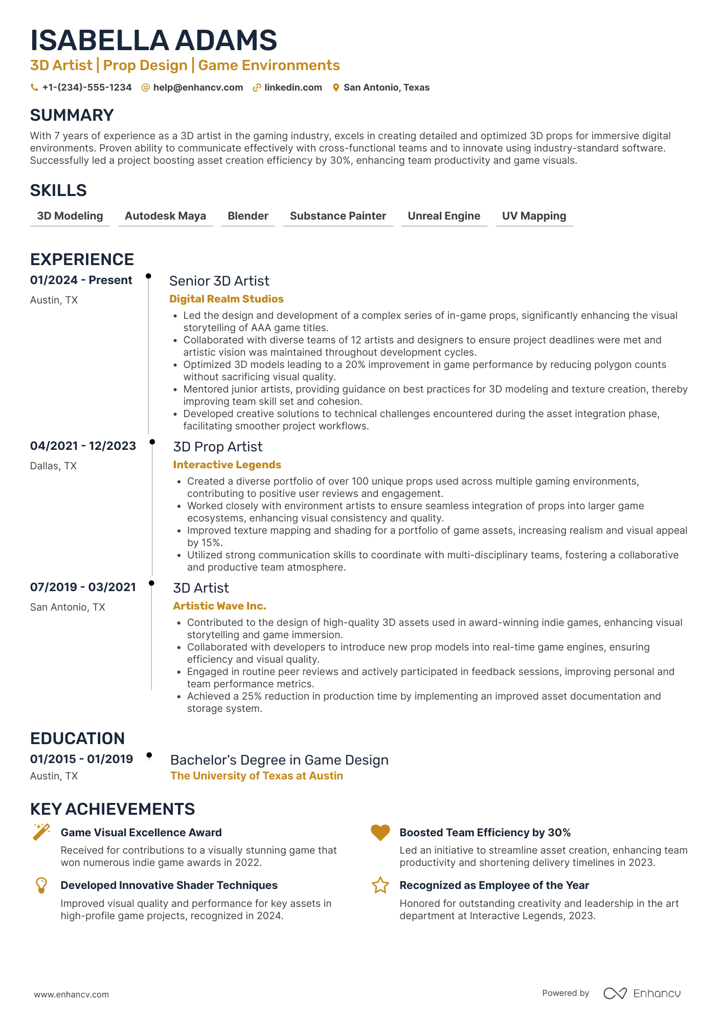 A resume example of a 3D Prop Artist