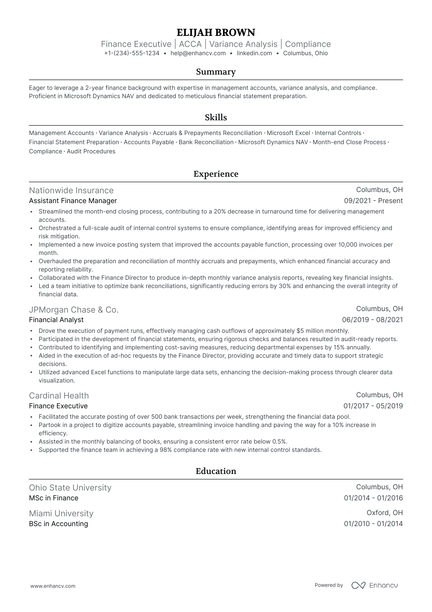 resume format for experience in finance