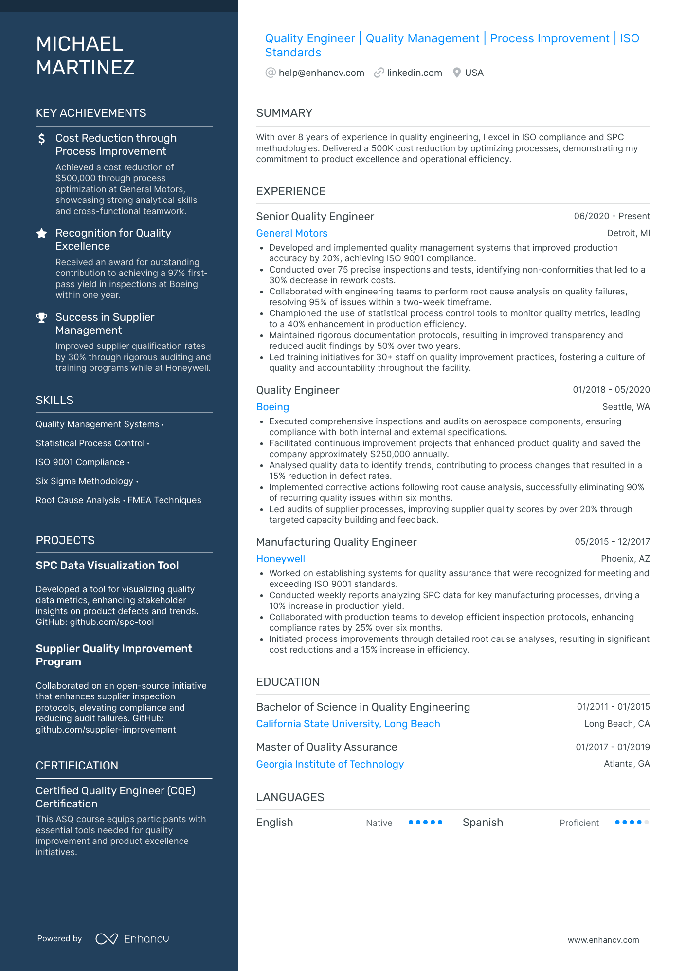 A resume example of a Quality Engineer