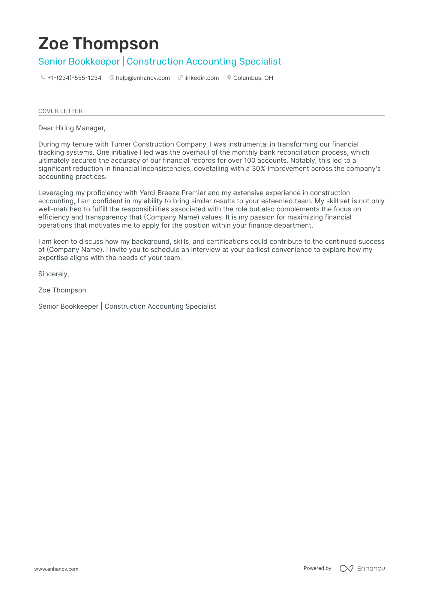 example cover letter for bookkeeper